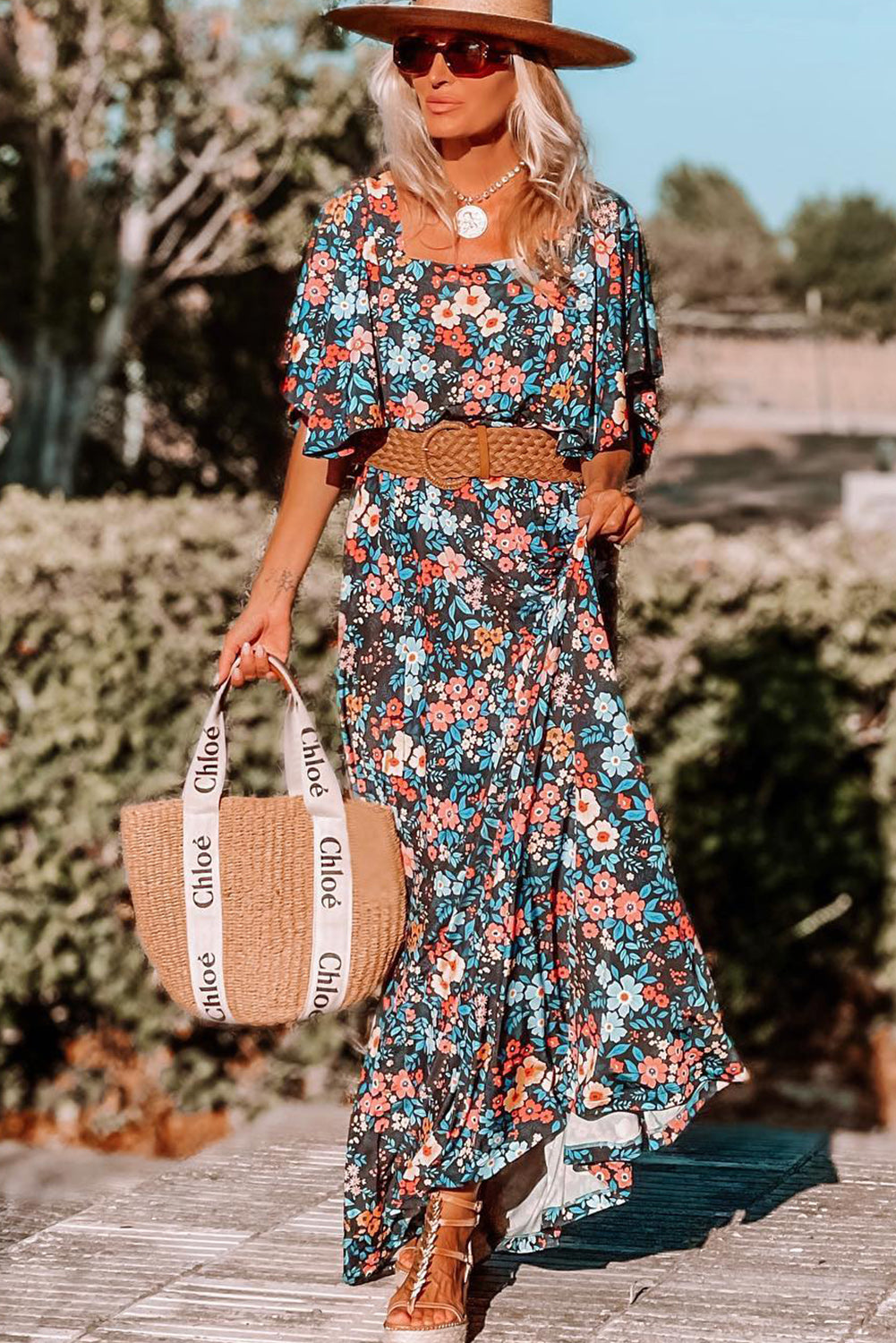 Sky Blue Floral Knotted Back Square Neck Maxi Dress-Dresses/Floral Dresses-[Adult]-[Female]-2022 Online Blue Zone Planet