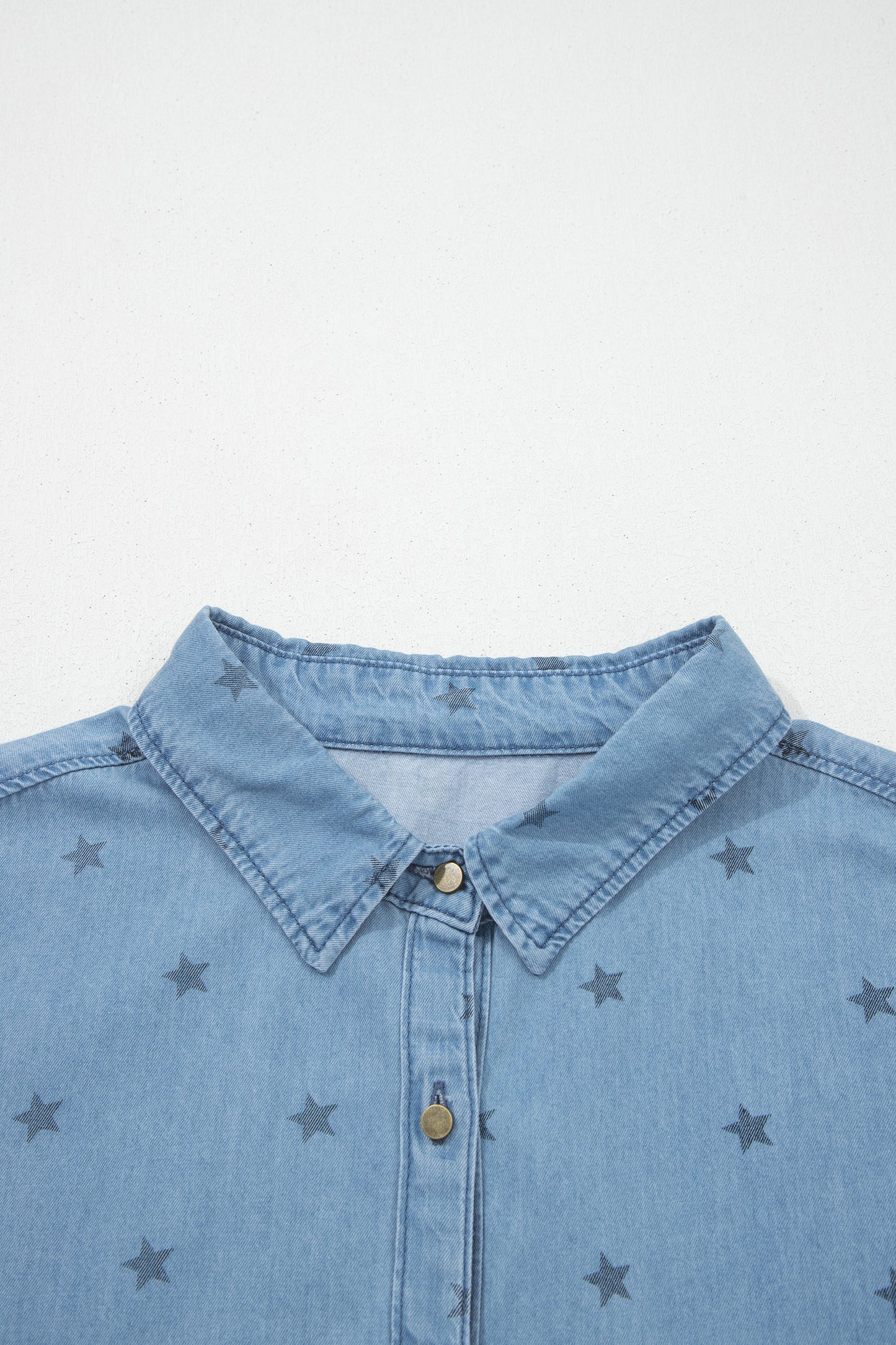 Beau Blue Star Allover Print Double Chest Pocket Short Sleeve Denim Shirt-Tops/Blouses & Shirts-[Adult]-[Female]-2022 Online Blue Zone Planet
