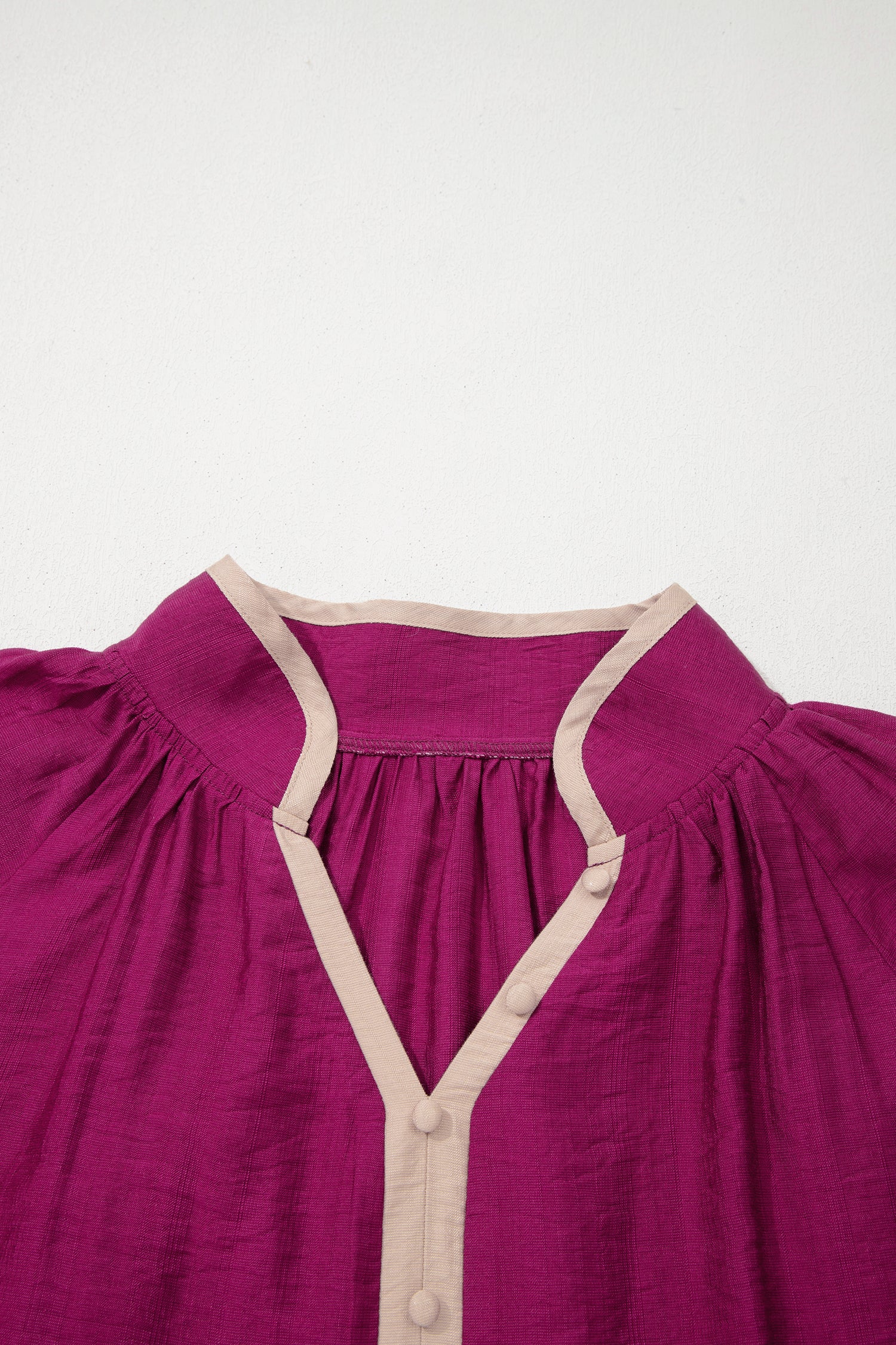 Wild Ginger Plus Size Contrast Trim Button V Neck Puffy Bracelet Sleeve Blouse-Bracelet-[Adult]-[Female]-2022 Online Blue Zone Planet