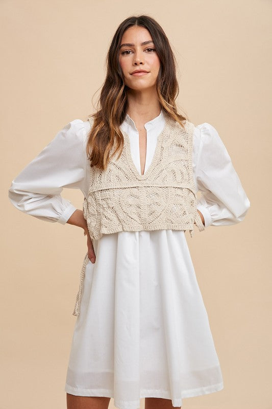 Annie Wear Crochet Vest Notched Long Sleeve Shirt Dress-TOPS / DRESSES-[Adult]-[Female]-White-S-2022 Online Blue Zone Planet