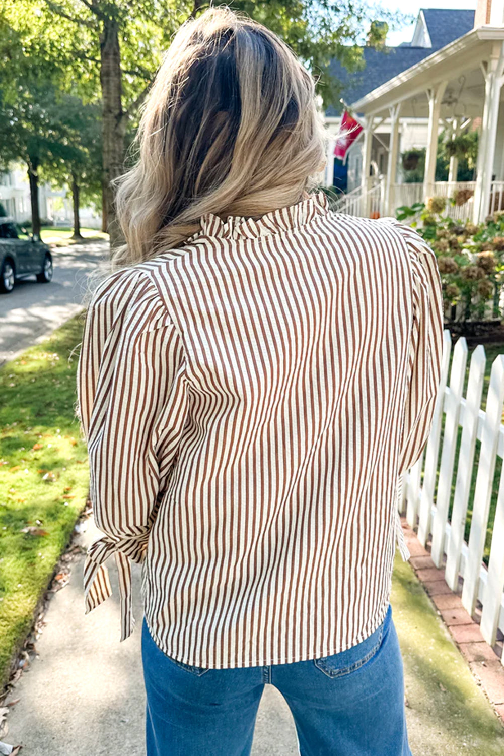 Straw Yellow Striped Print Tied Cuffs Split Neck Seersucker Blouse-Tops/Blouses & Shirts-[Adult]-[Female]-2022 Online Blue Zone Planet