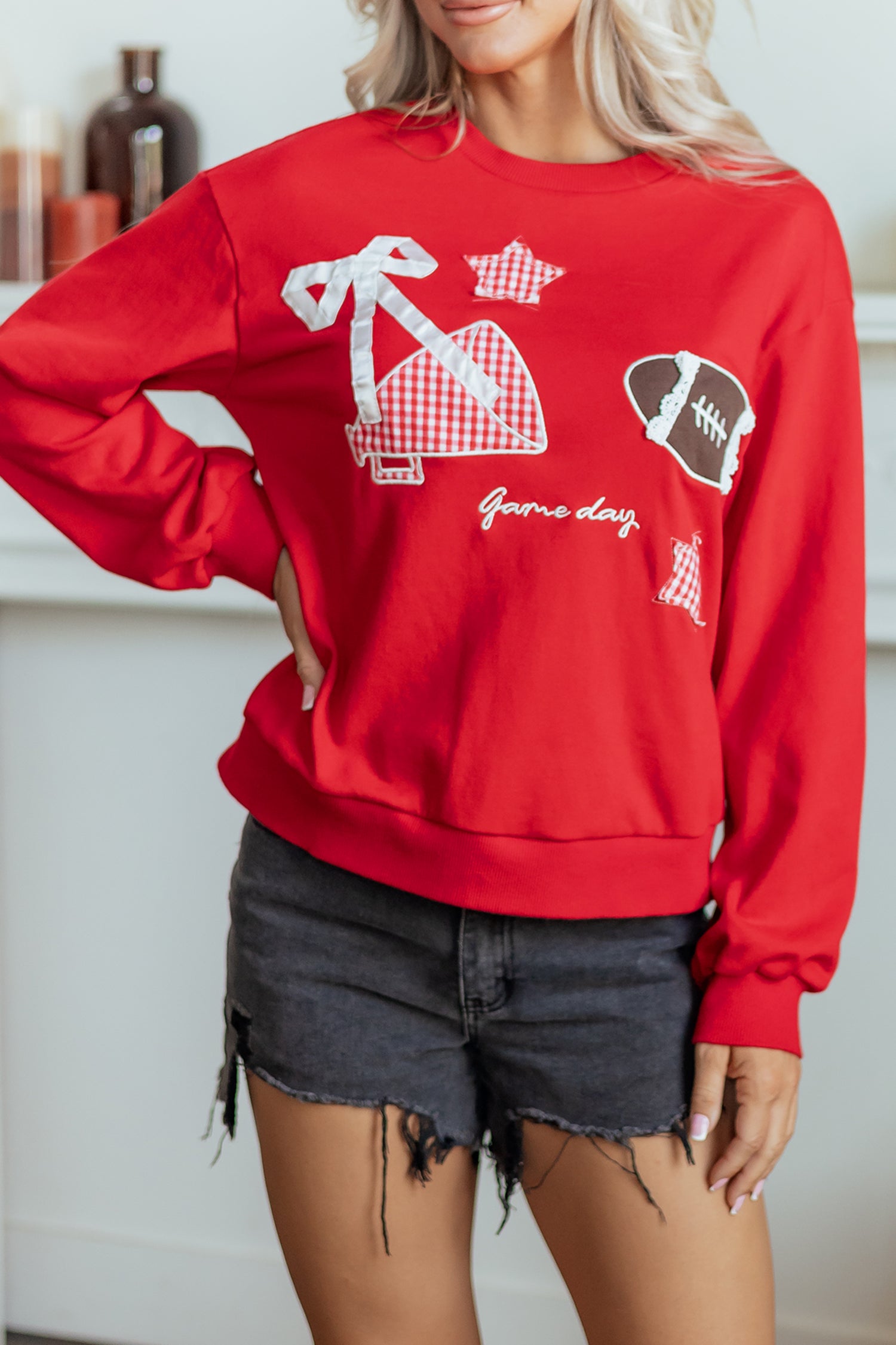 Racing Red Gingham Patch Embroidered Rugby Game Day Stars Sweatshirt-Tops/Sweatshirts & Hoodies-[Adult]-[Female]-2022 Online Blue Zone Planet
