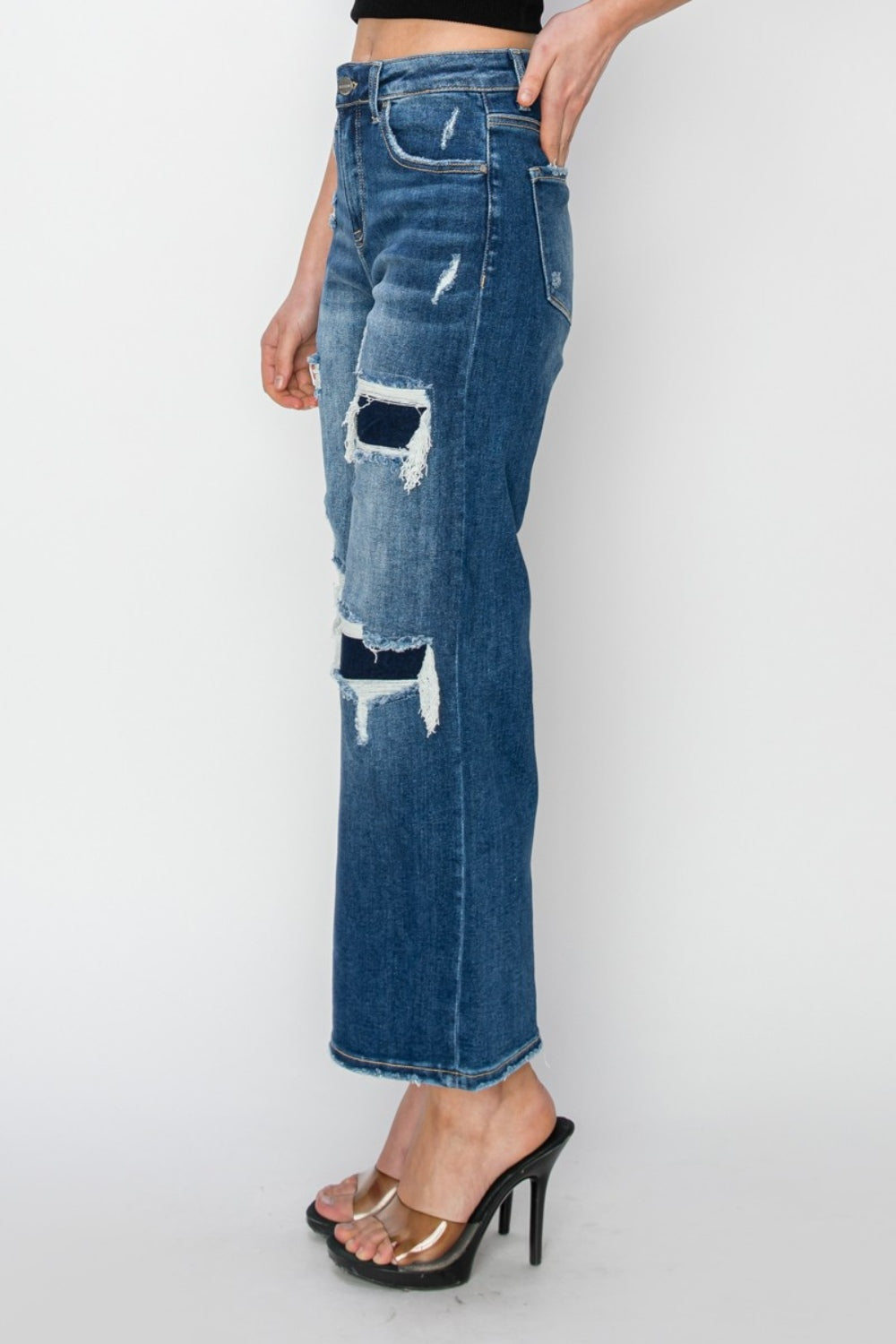 Blue Zone Planet | Risen Full Size High Rise Patch Detailed Wide Leg Crop Jeans-TOPS / DRESSES-[Adult]-[Female]-2022 Online Blue Zone Planet