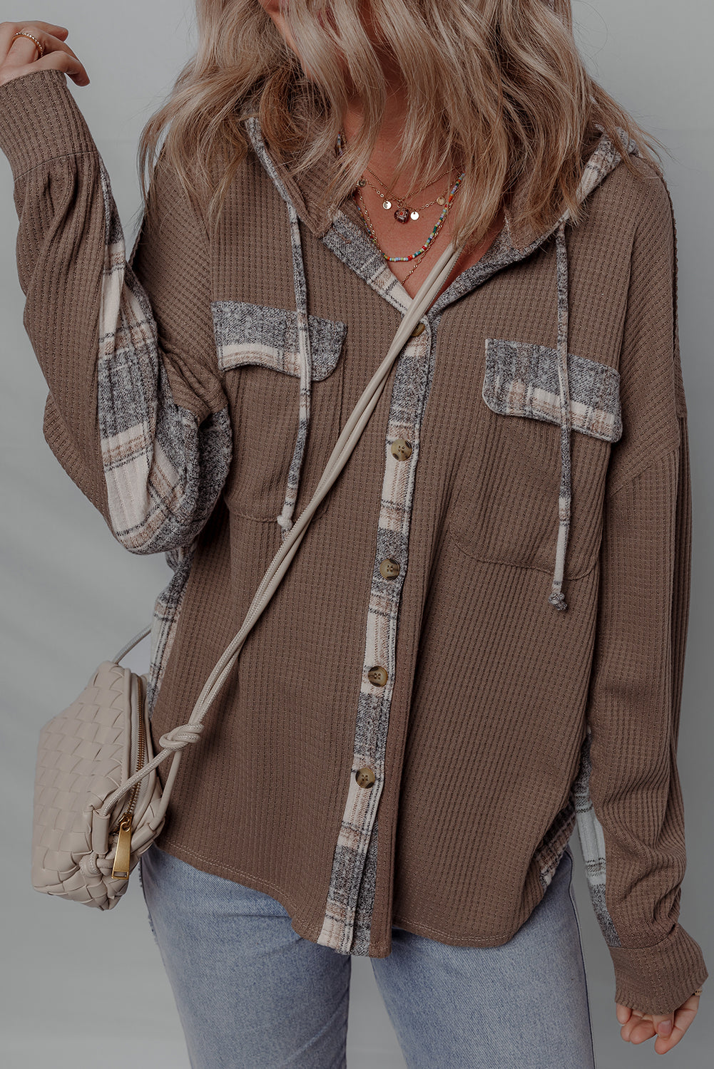 Brown Plaid Patchwork Button Down Drawstring Hooded Shacket-Tops / Dresses-[Adult]-[Female]-Brown-S-2022 Online Blue Zone Planet