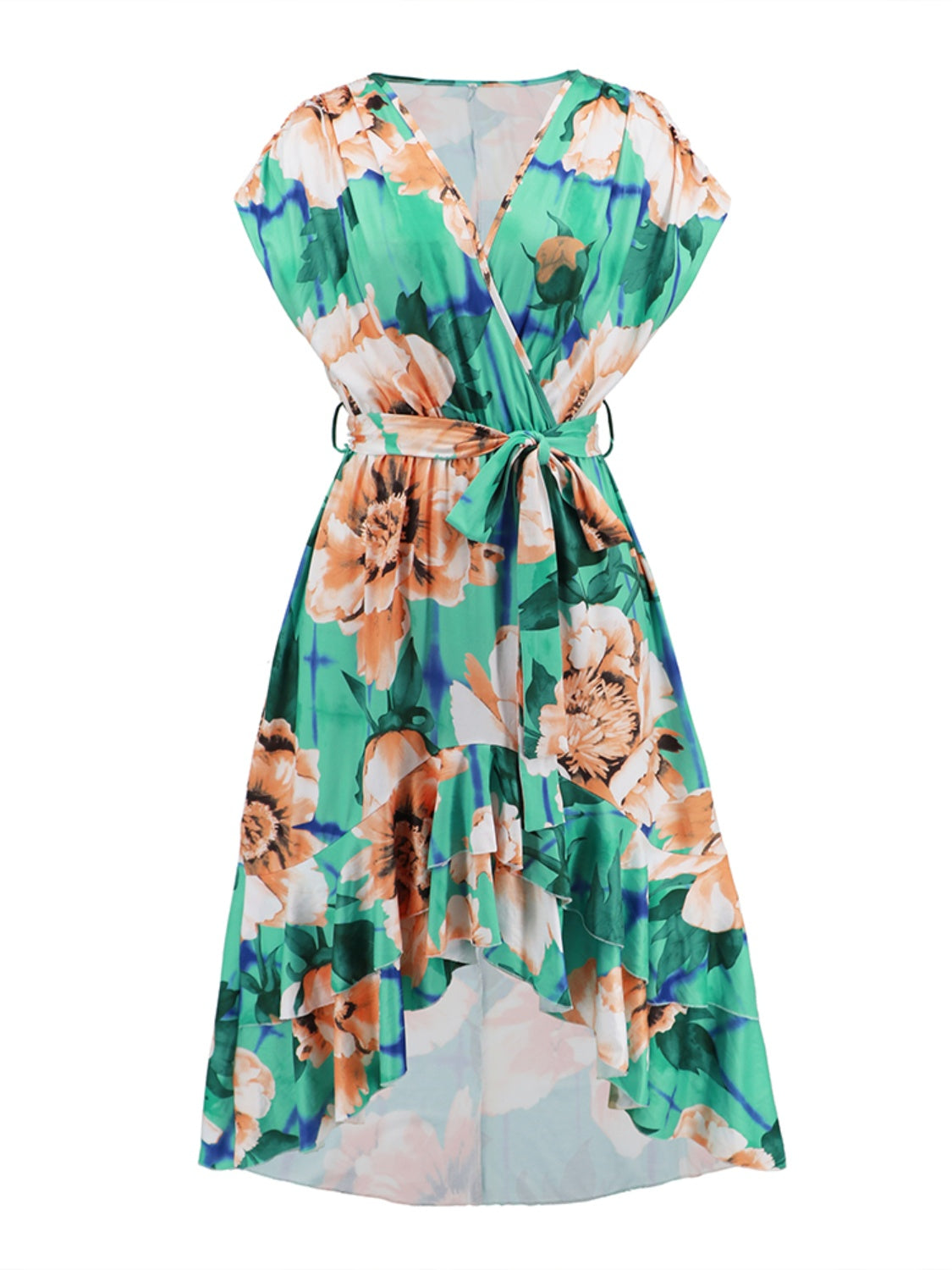 Ruffled Tied Floral Surplice Dress-TOPS / DRESSES-[Adult]-[Female]-2022 Online Blue Zone Planet