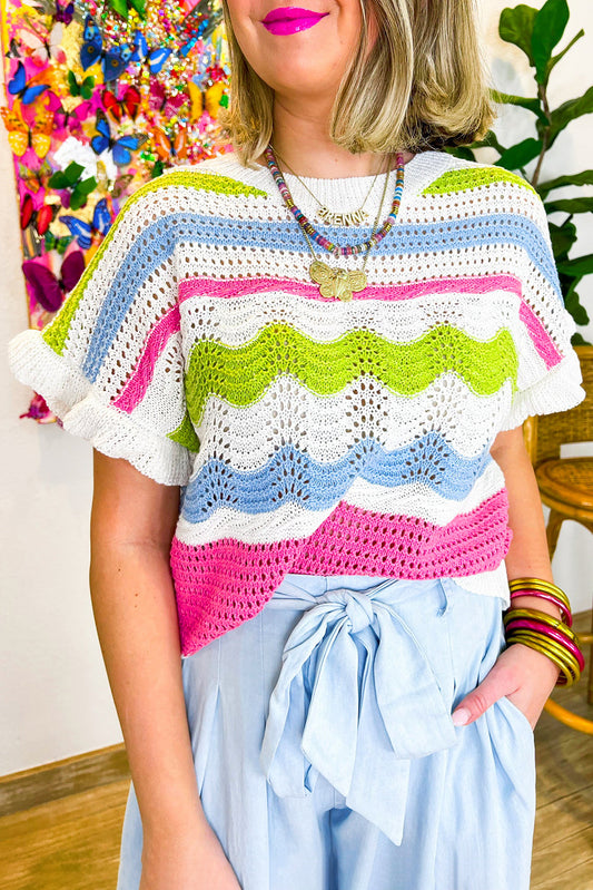 White Colorblock Crochet Knit Ruffled Short Sleeve Sweater Top-Sweaters & Cardigans/Short Sleeve Sweaters-[Adult]-[Female]-White-S-2022 Online Blue Zone Planet