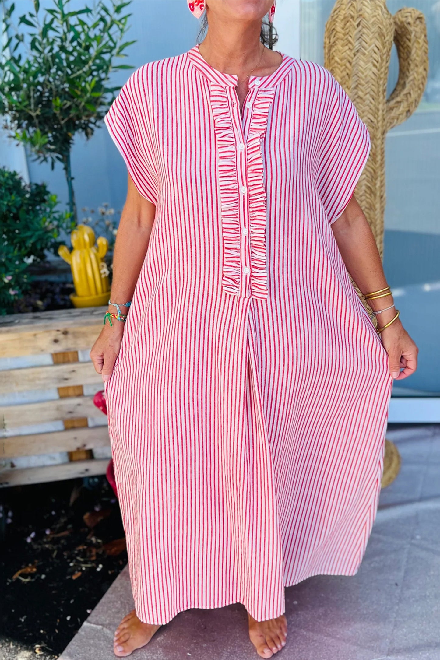 Red Stripe Frilled Detail Half Buttons Short Sleeve Long Dress-Dresses/Maxi Dresses-[Adult]-[Female]-Red Stripe-S-2022 Online Blue Zone Planet