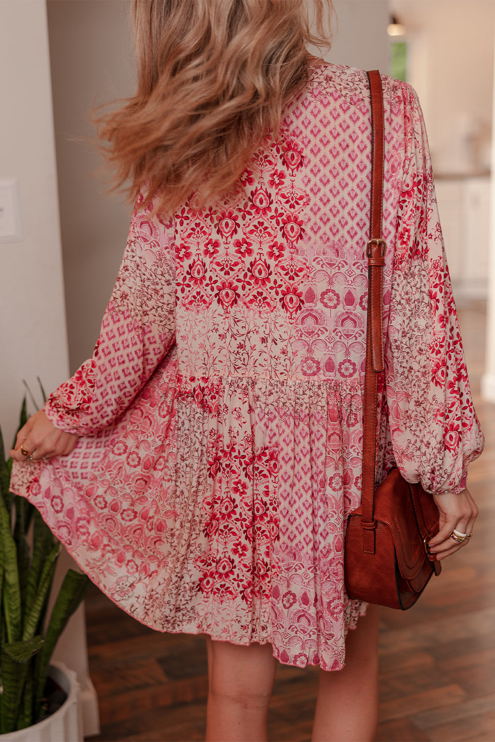 Pink Bohemian Floral Print Tassel Tie Long Sleeve Flowy Mini Dress-TOPS / DRESSES-[Adult]-[Female]-2022 Online Blue Zone Planet