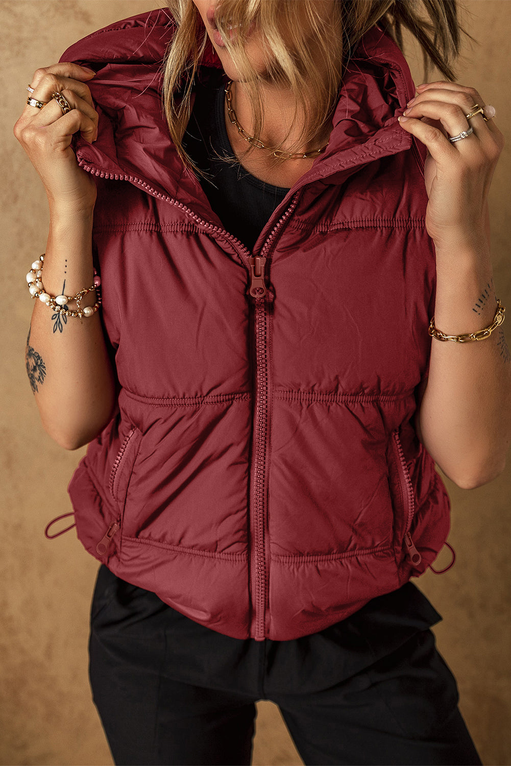 Drawstring Zip Up Hooded Vest Coat-TOPS / DRESSES-[Adult]-[Female]-Burgundy-M-2022 Online Blue Zone Planet