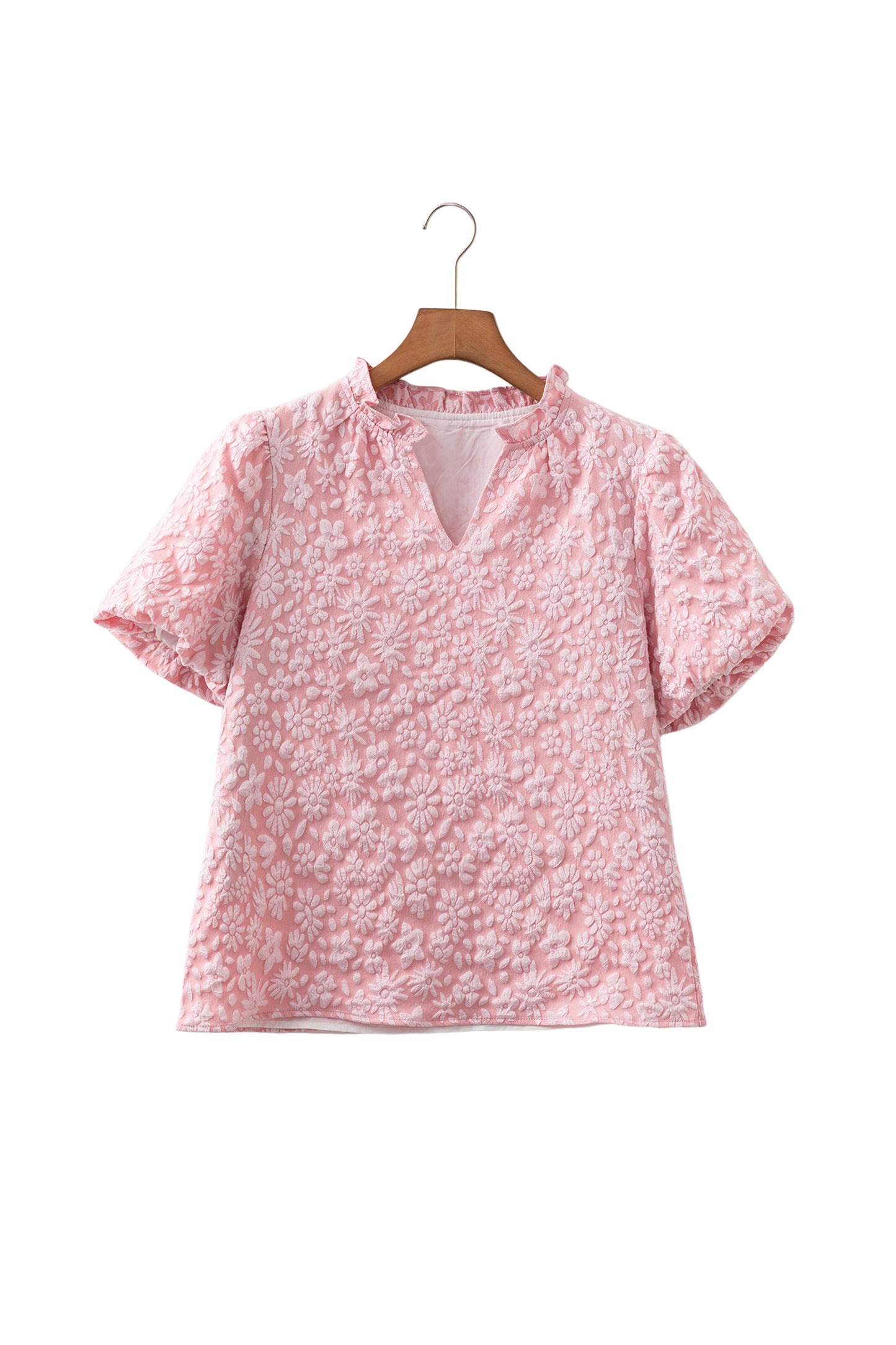Iceland Blue Floral Textured Jacquard Puff Sleeve Blouse-Tops/Blouses & Shirts-[Adult]-[Female]-2022 Online Blue Zone Planet