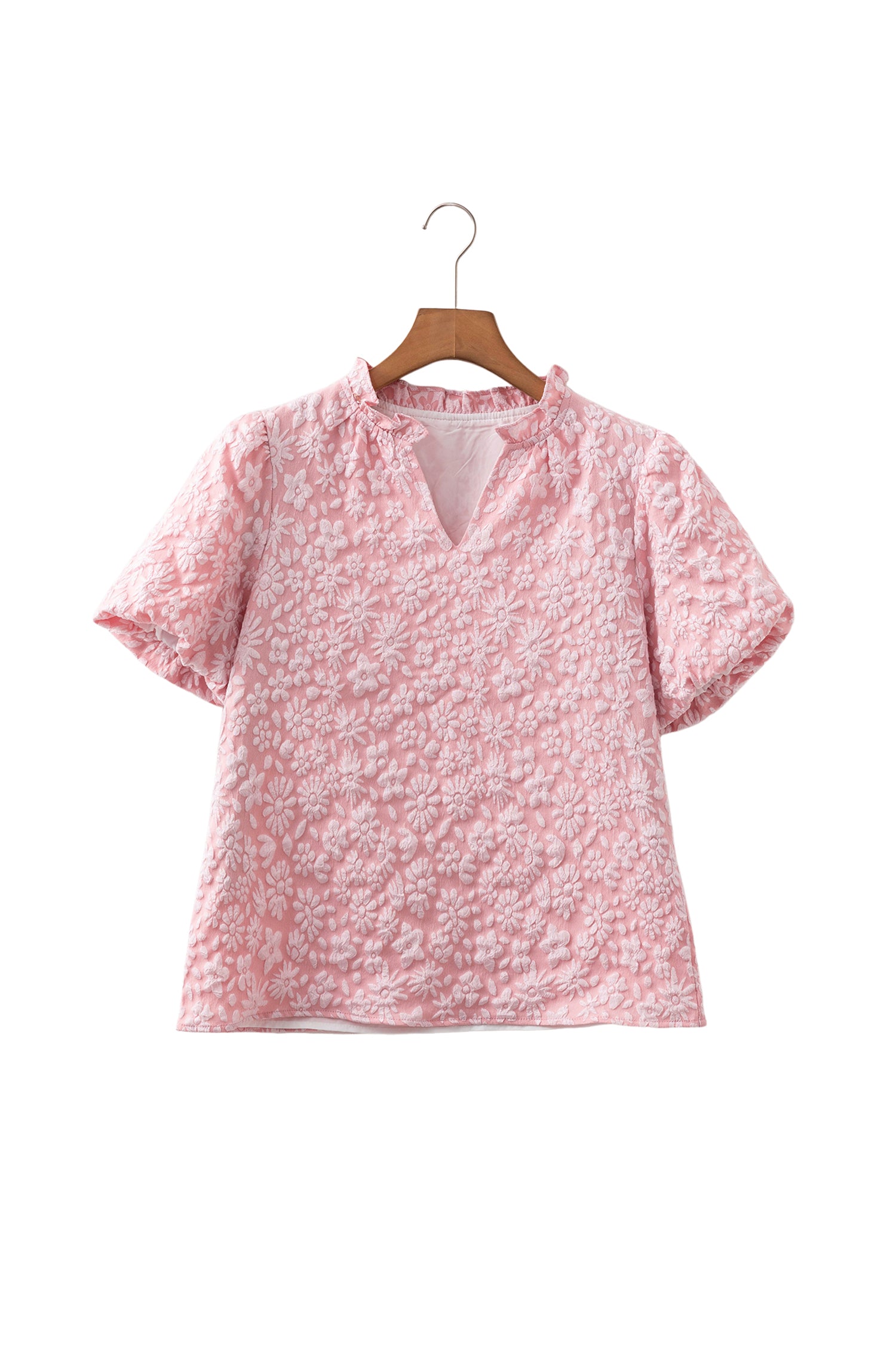 Iceland Blue Floral Textured Jacquard Puff Sleeve Blouse-Tops/Blouses & Shirts-[Adult]-[Female]-2022 Online Blue Zone Planet