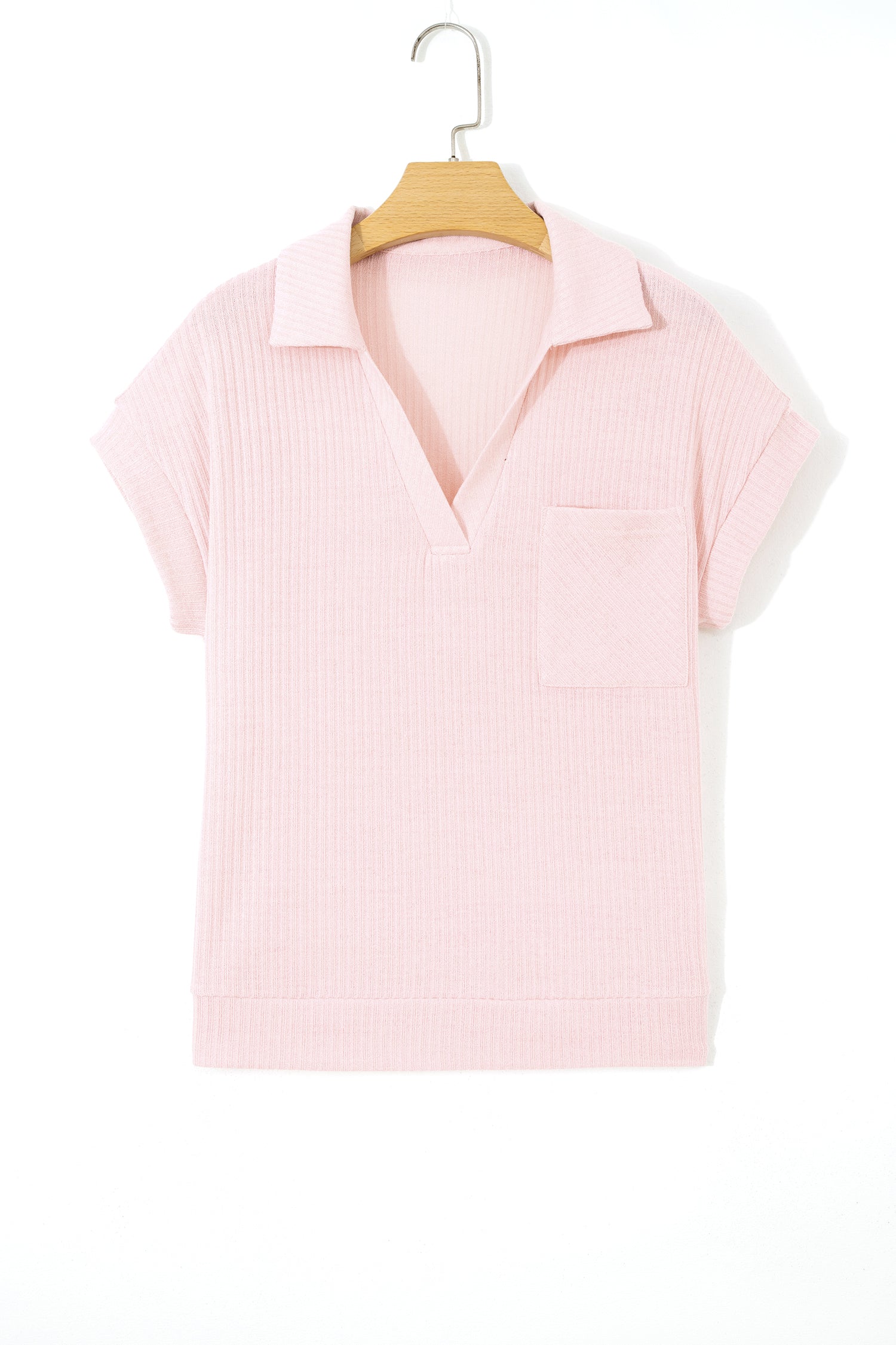 Light Pink Collared V Neck Ribbed Tee-Tops/Tops & Tees-[Adult]-[Female]-2022 Online Blue Zone Planet