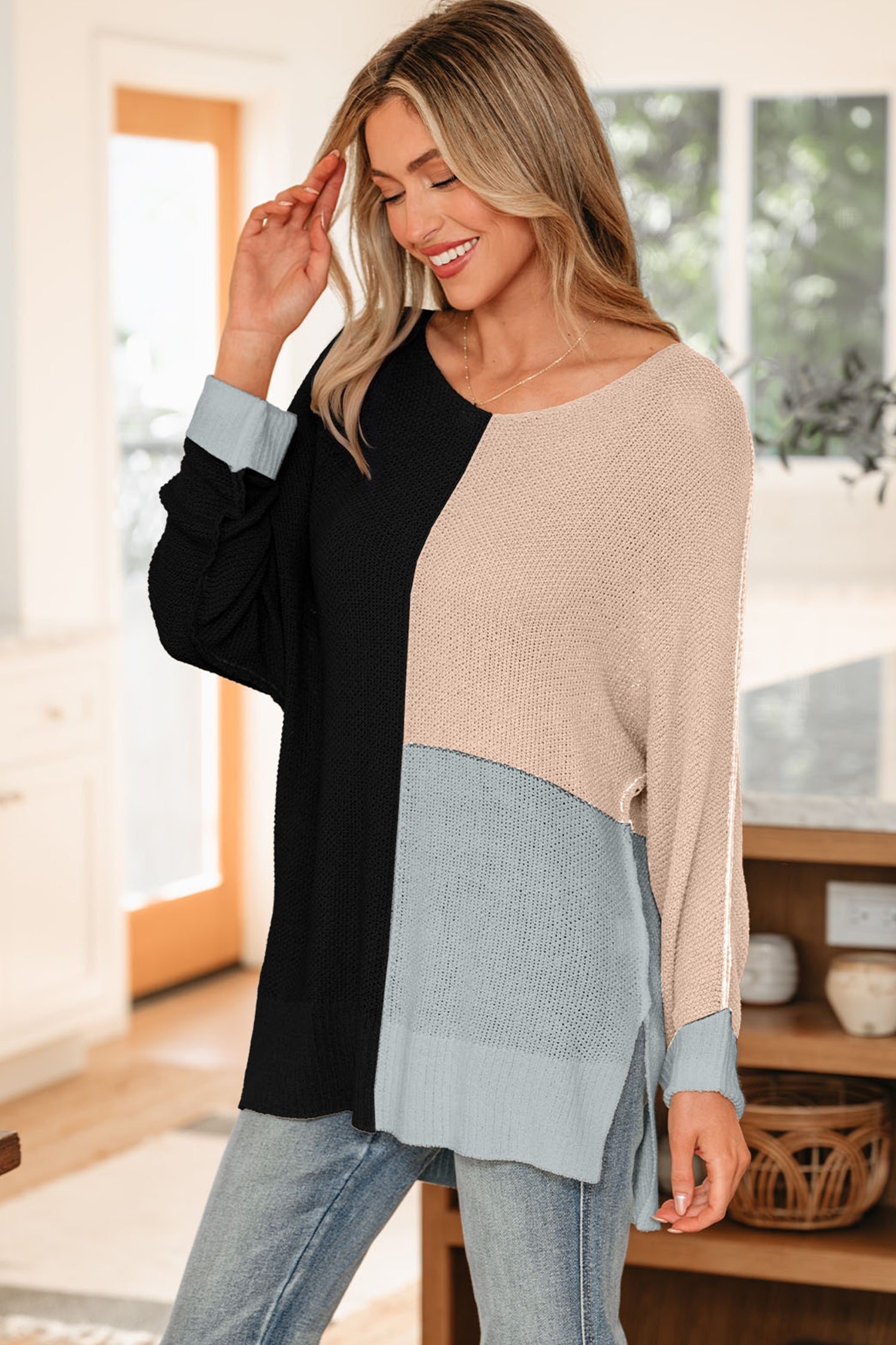 Black Color Block Knit V Neck Loose Sweater-TOPS / DRESSES-[Adult]-[Female]-2022 Online Blue Zone Planet