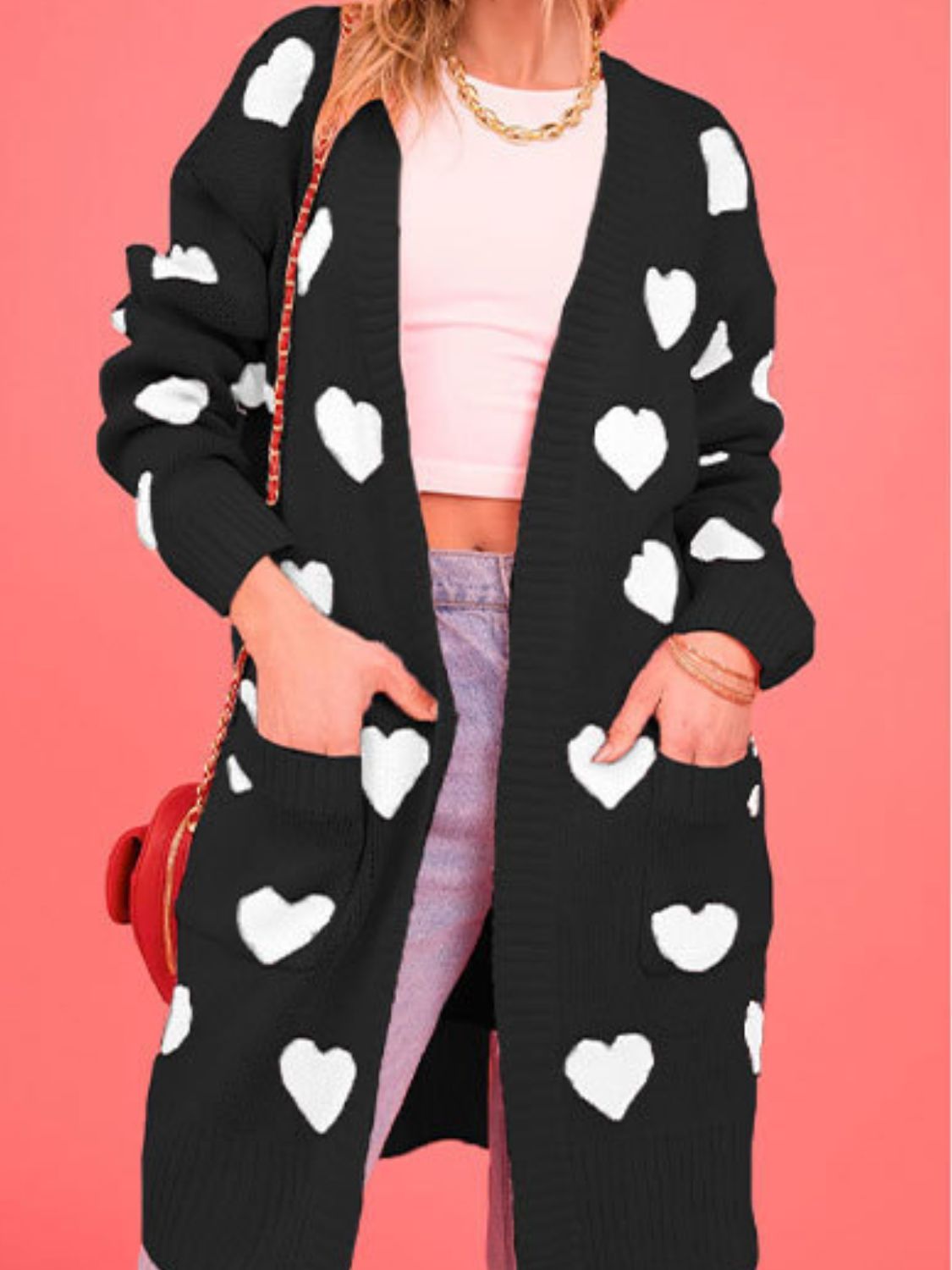 Heart Open Front Long Sleeve Cardigan-TOPS / DRESSES-[Adult]-[Female]-2022 Online Blue Zone Planet