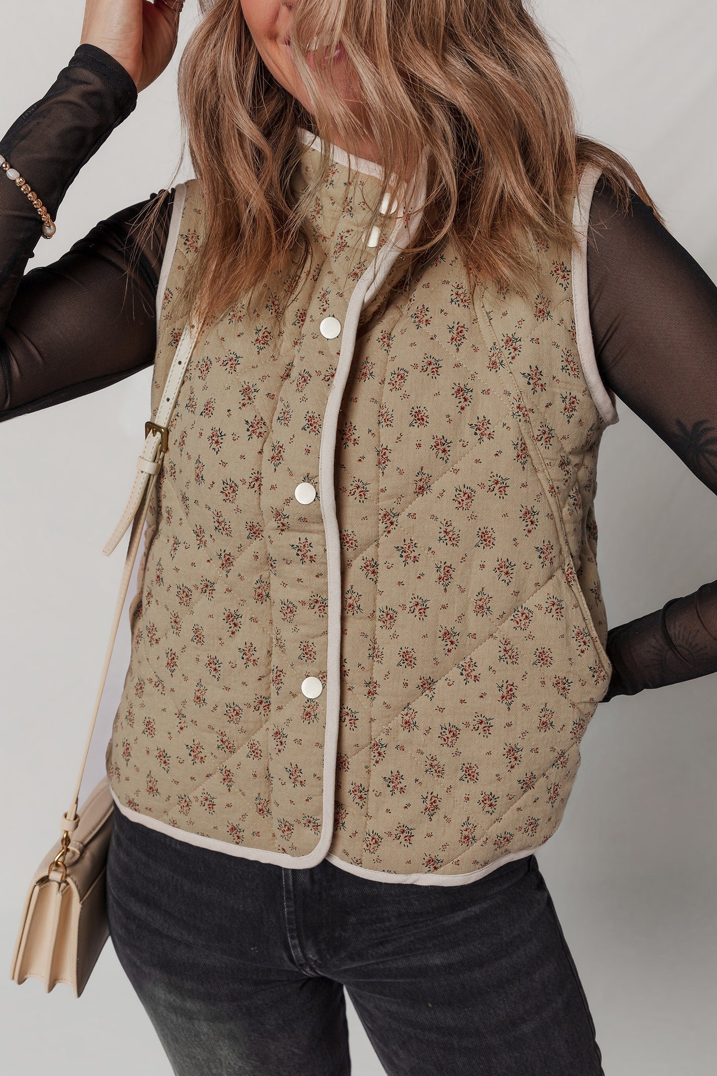 Khaki Floral Print Quilted Concealed Button Vest-Outerwear/Vests-[Adult]-[Female]-Khaki-S-2022 Online Blue Zone Planet