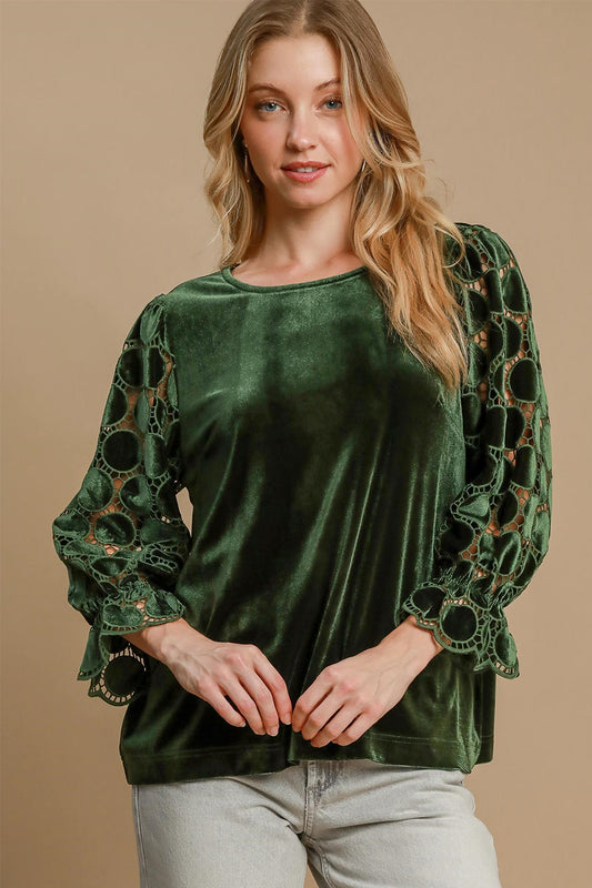 Umgee Polka Dot Lace Long Sleeve Round Neck Blouse-TOPS / DRESSES-[Adult]-[Female]-Olive-S-2022 Online Blue Zone Planet