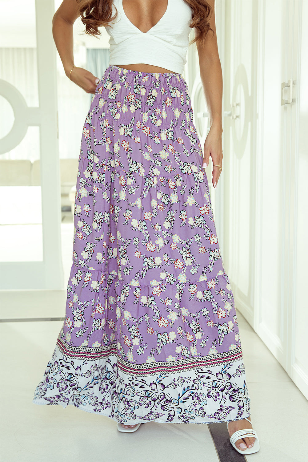 Blue Zone Planet | Purple Floral Print Shirred High Waist Maxi Skirt-Bottoms/Skirts & Petticoat-[Adult]-[Female]-2022 Online Blue Zone Planet