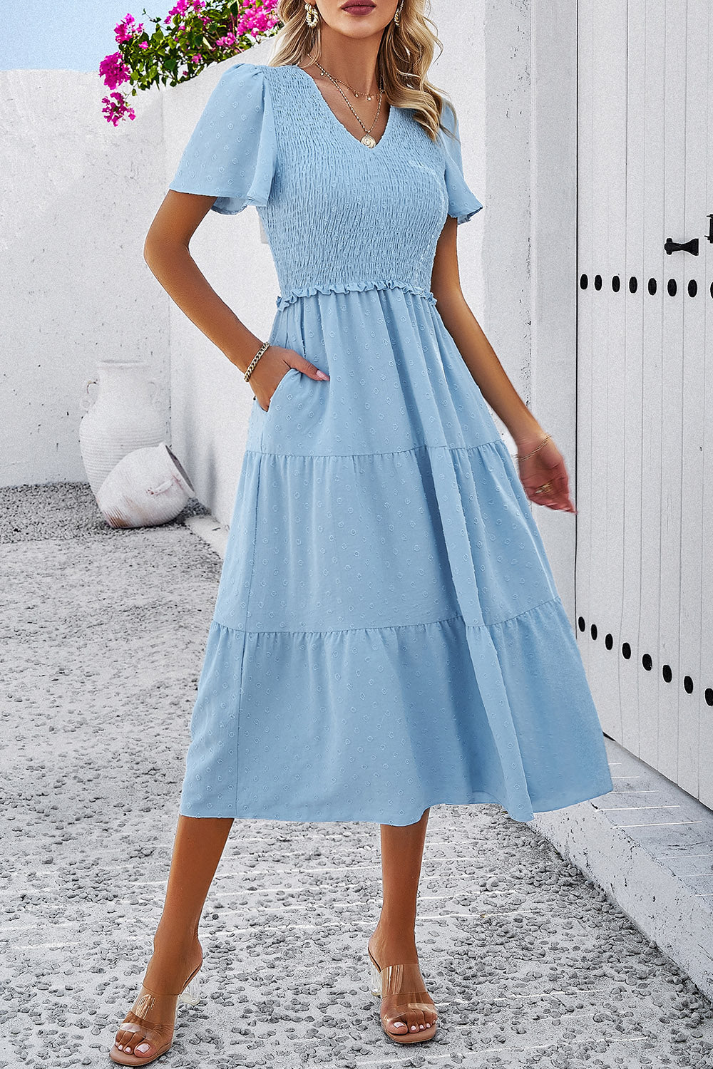 Swiss Dot Short Sleeve Smocked Dress-TOPS / DRESSES-[Adult]-[Female]-2022 Online Blue Zone Planet