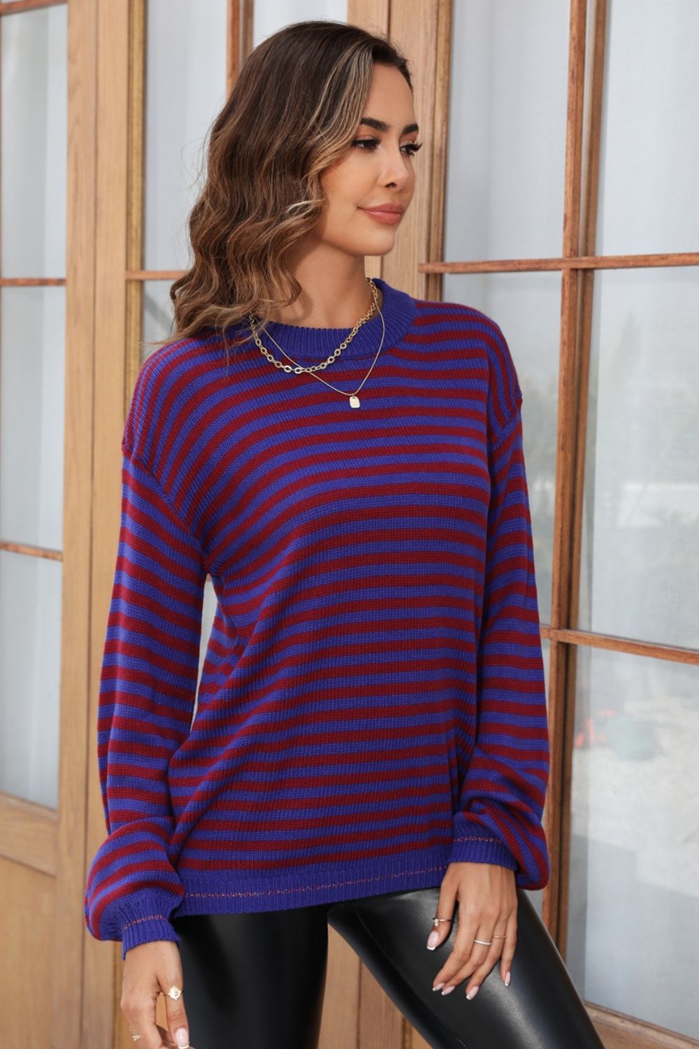 Angel Wings Striped Round Neck Dropped Shoulder Sweater-TOPS / DRESSES-[Adult]-[Female]-2022 Online Blue Zone Planet