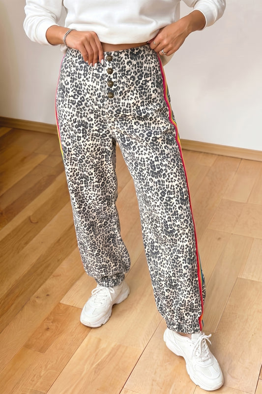 Brown Leopard Print Rainbow Striped Detail Buttoned Loose Jogger Jeans-Bottoms/Jeans-[Adult]-[Female]-Brown-4-2022 Online Blue Zone Planet