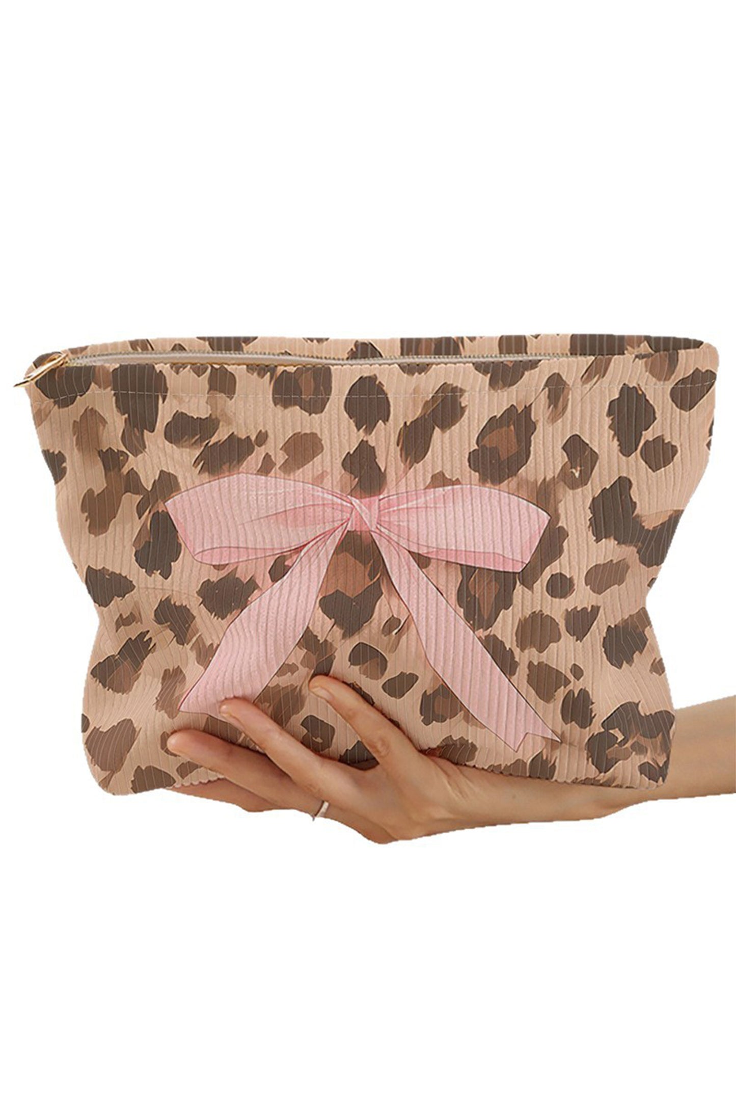 Camel Ribbon Bow Leopard Print Ribbed Cloth Makeup Bag-Shoes & Bags/Makeup Bags-[Adult]-[Female]-2022 Online Blue Zone Planet