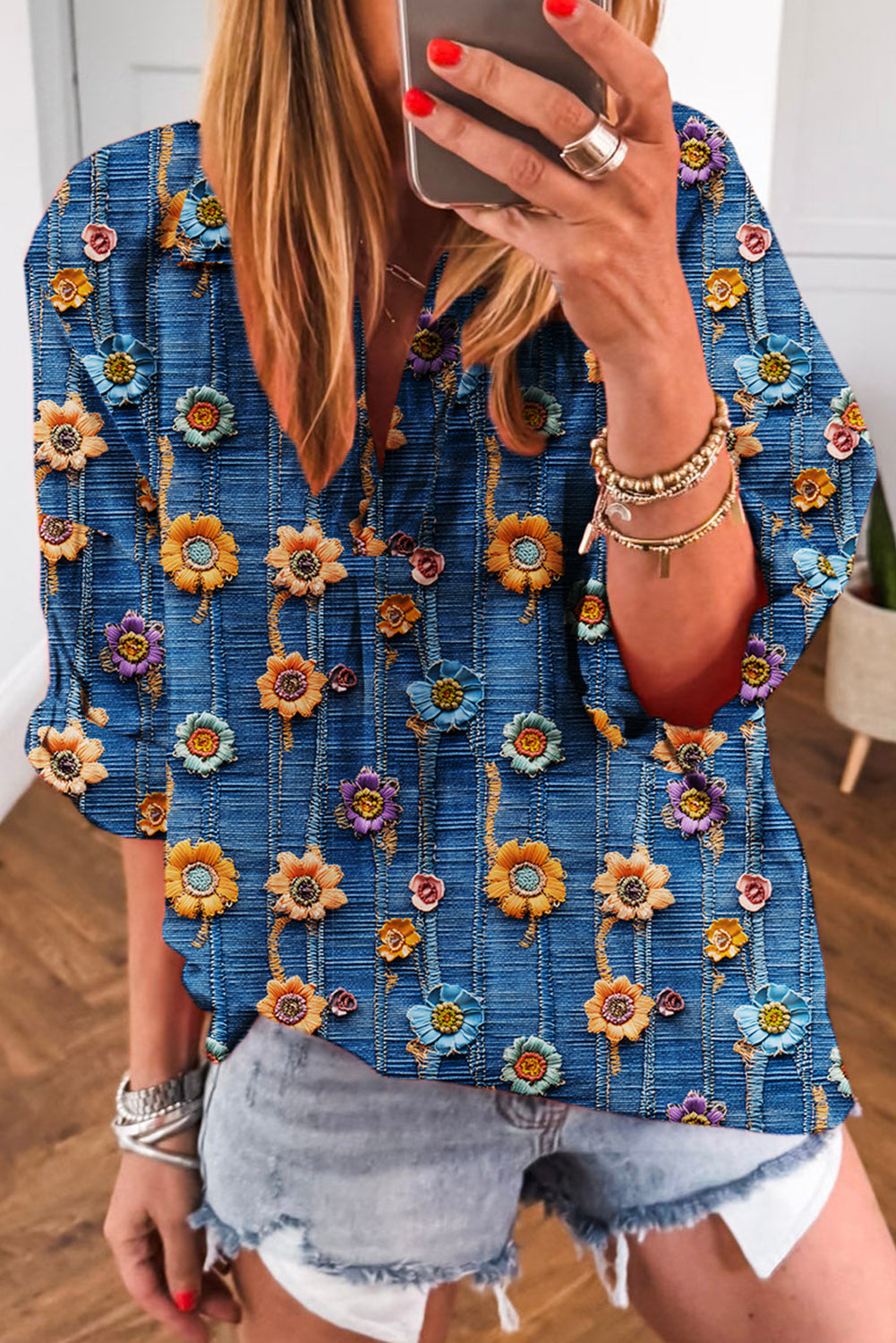 Blue Floral Collared V Neck Roll Up Sleeve Shift Blouse-Tops/Blouses & Shirts-[Adult]-[Female]-Blue-S-2022 Online Blue Zone Planet