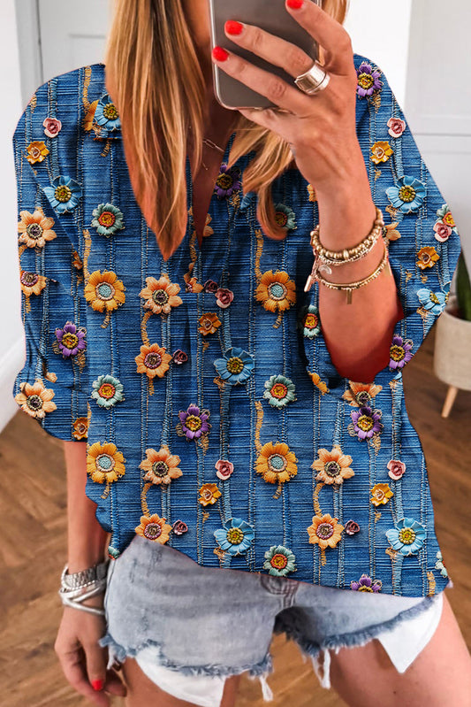 Blue Floral Collared V Neck Roll Up Sleeve Shift Blouse-Tops/Blouses & Shirts-[Adult]-[Female]-Blue-S-2022 Online Blue Zone Planet