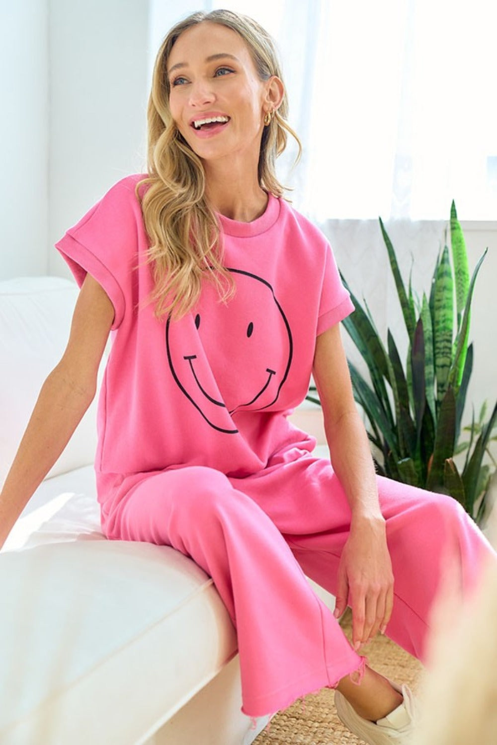 First Love Smile Face Drop Shoulder Brushed Inside T-Shirt-TOPS / DRESSES-[Adult]-[Female]-2022 Online Blue Zone Planet