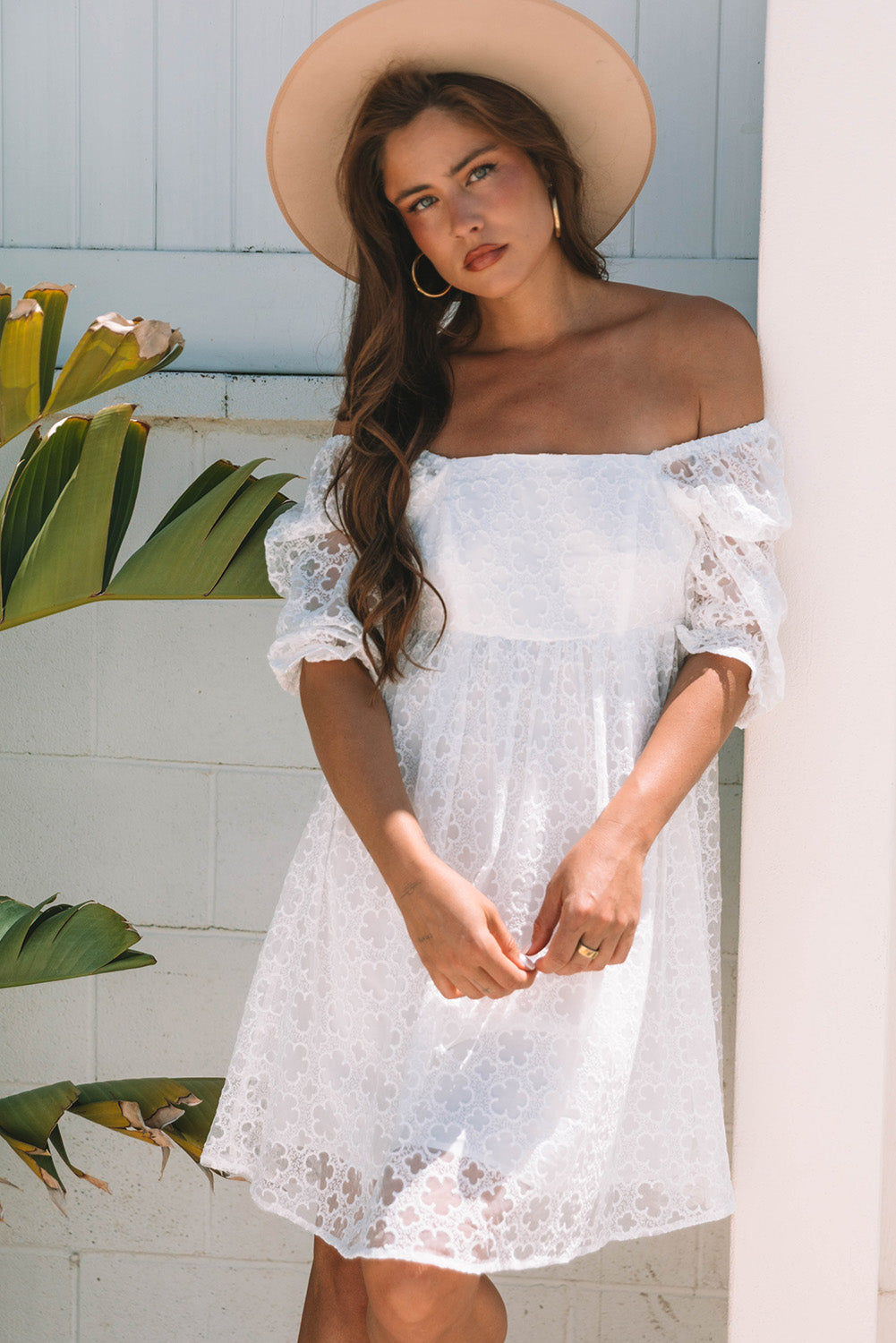 White Floral Lace Puff Sleeve Empire Waist Mini Dress-TOPS / DRESSES-[Adult]-[Female]-2022 Online Blue Zone Planet