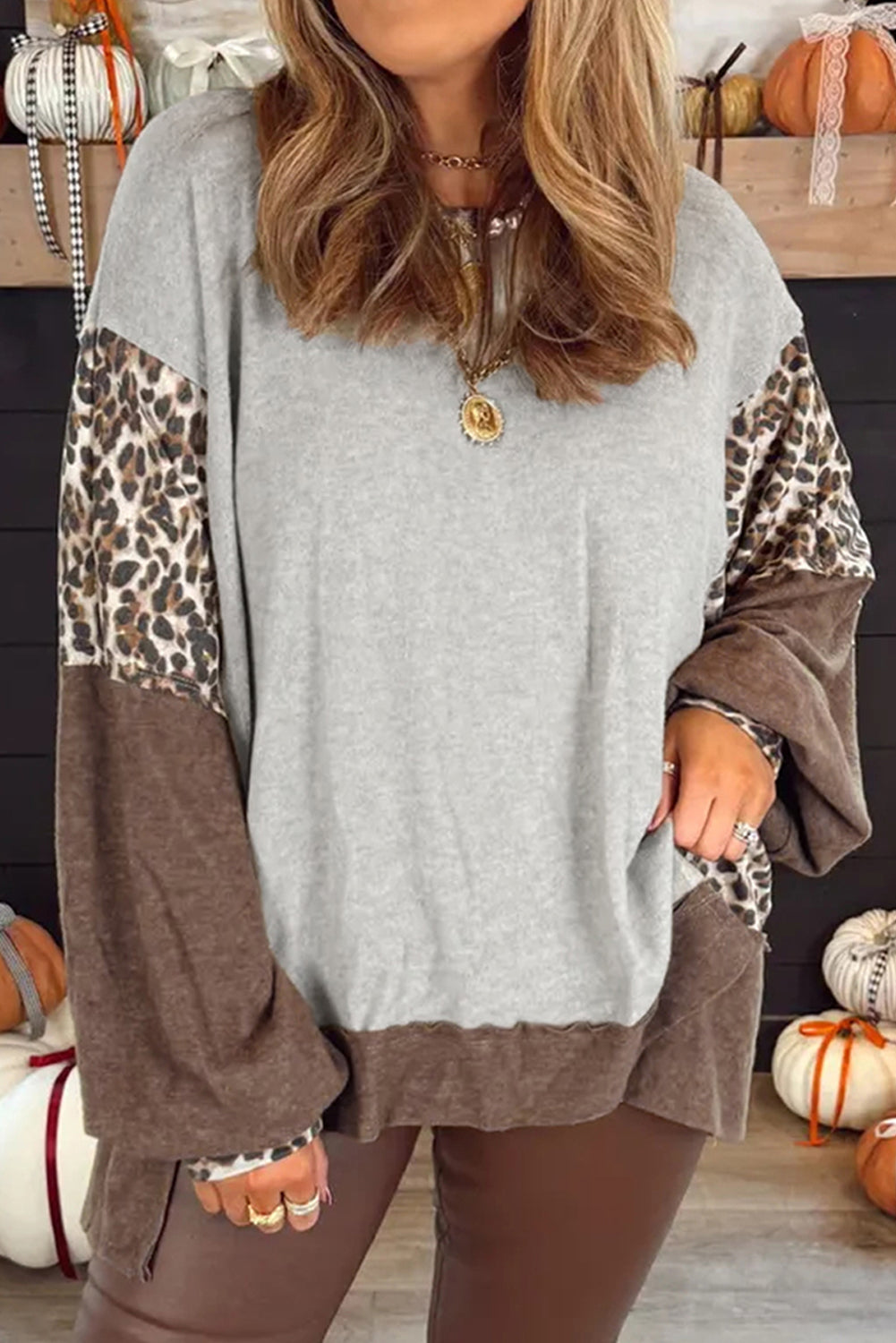 Gray Plus Size Leopard Color Block Patchwork Dolman Sweatshirt-Plus Size/Plus Size Sweatshirts & Hoodies-[Adult]-[Female]-Gray-1X-2022 Online Blue Zone Planet