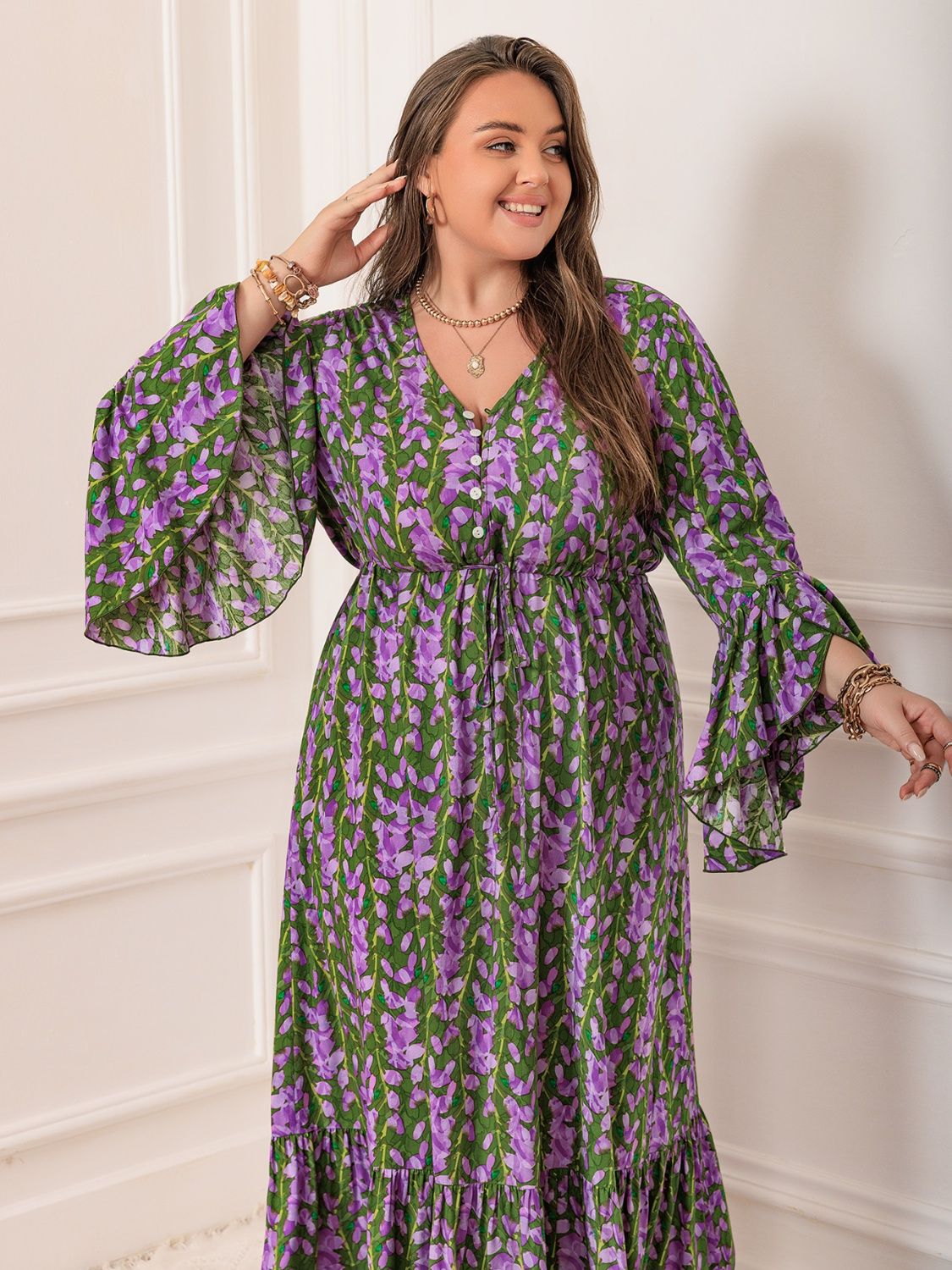 Blue Zone Planet | Plus Size Printed V-Neck Long Sleeve Maxi Dress-TOPS / DRESSES-[Adult]-[Female]-2022 Online Blue Zone Planet