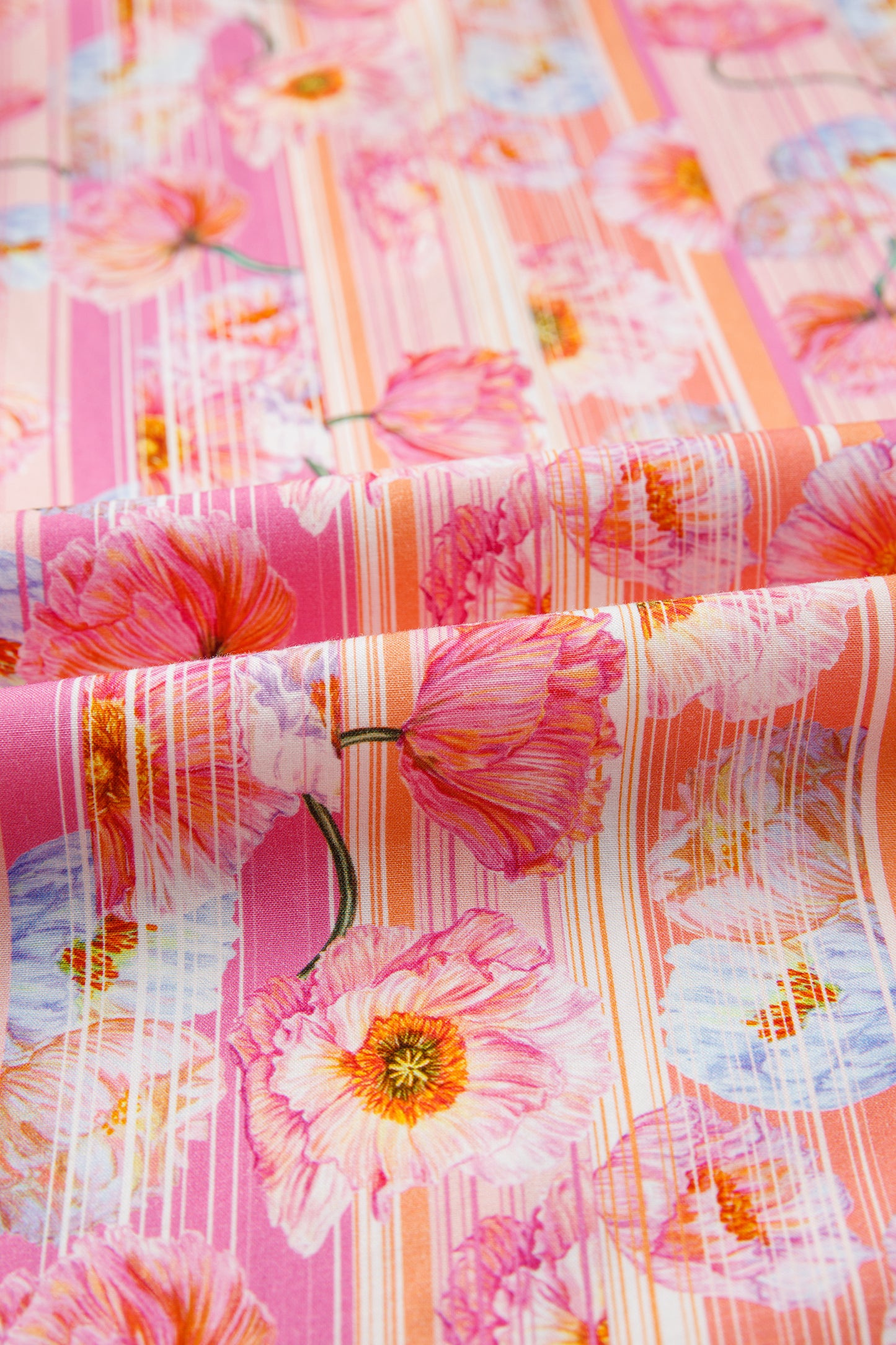 Pink Poppy Flower Striped Print Color Block Trim V Neck Short Sleeve Blouse