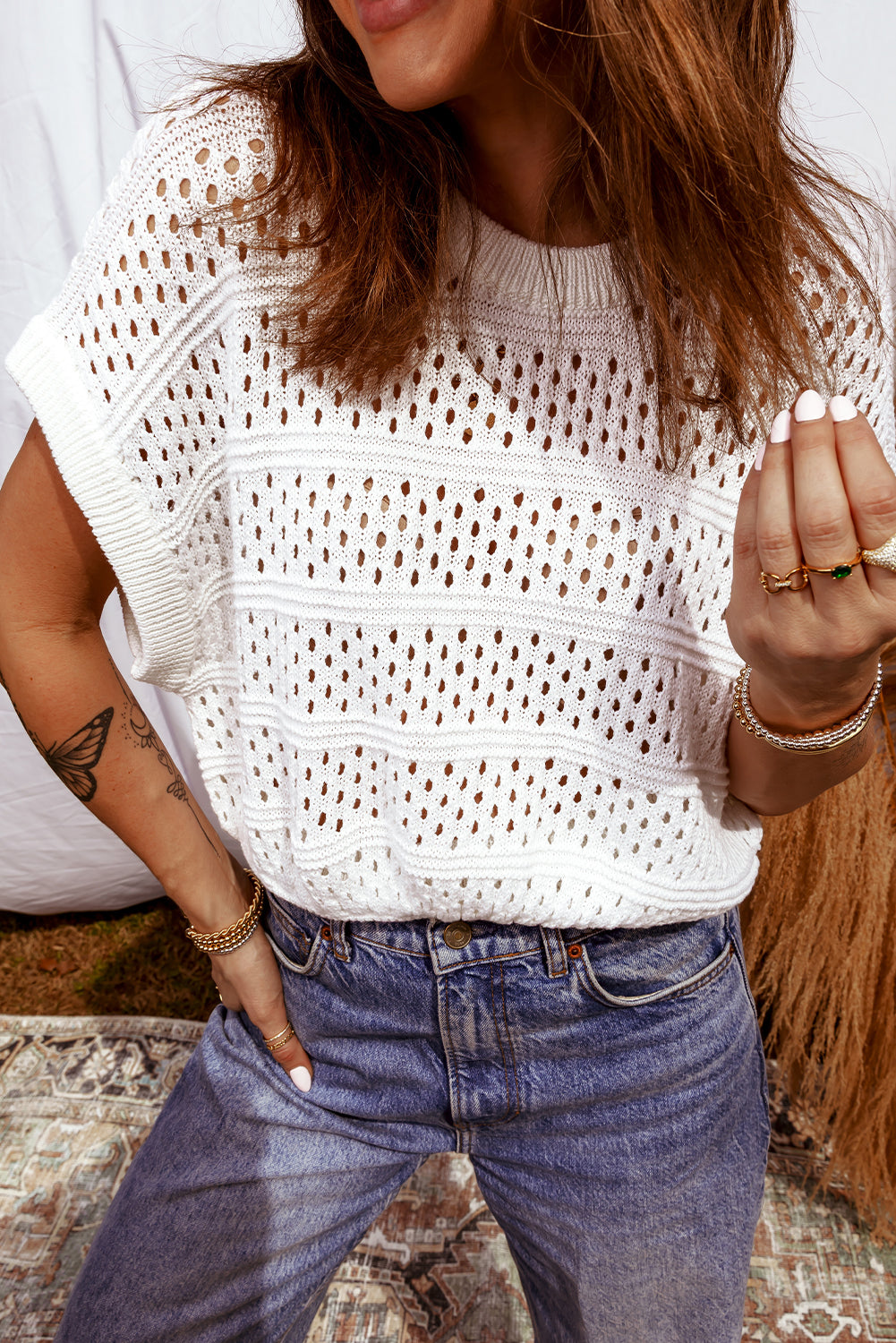 White Hollow Out Knit Round Neck Dolman Sweater-Sweaters & Cardigans/Short Sleeve Sweaters-[Adult]-[Female]-2022 Online Blue Zone Planet