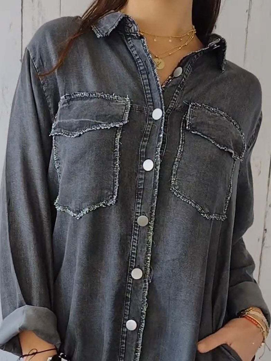 Full Size Raw Hem Button Up Long Sleeve Denim Top Plus Size-TOPS / DRESSES-[Adult]-[Female]-2022 Online Blue Zone Planet