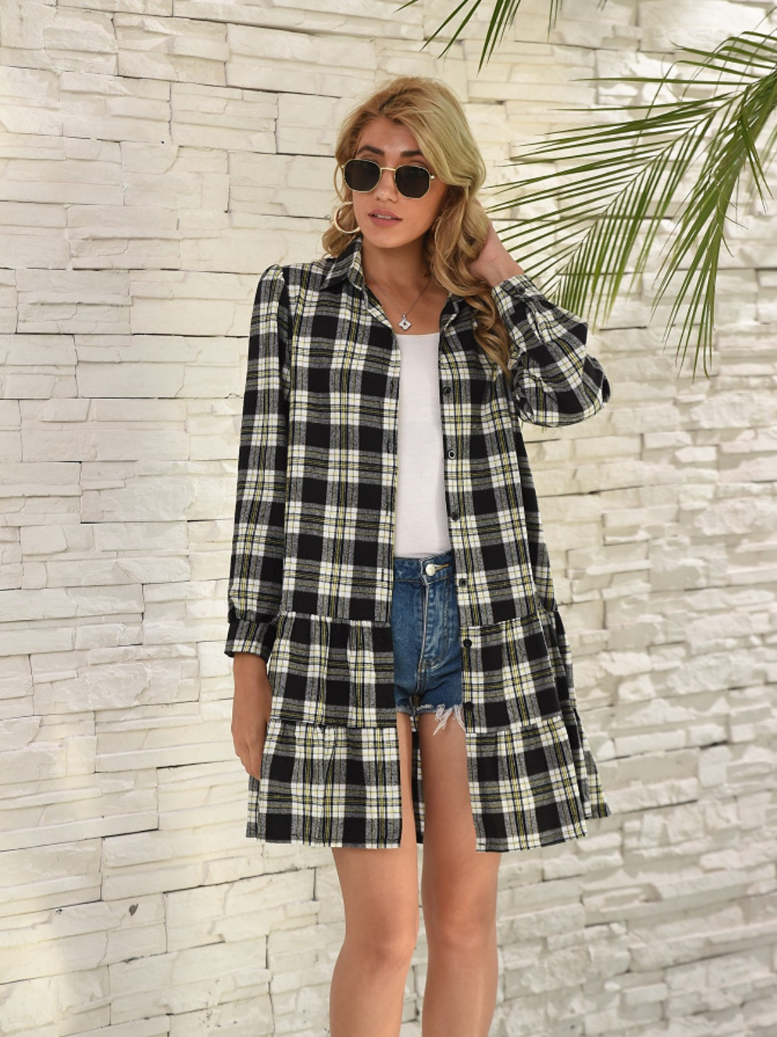 Ruffle Hem Plaid Button Down Long Sleeve Dress-TOPS / DRESSES-[Adult]-[Female]-2022 Online Blue Zone Planet