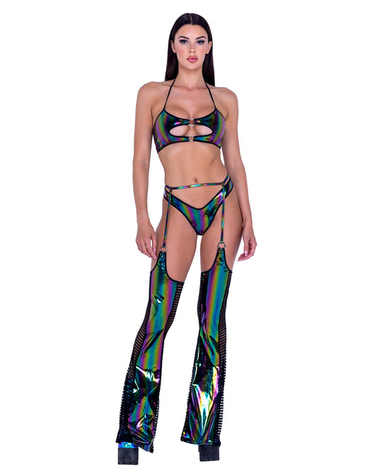 6493 - Rainbow Print Vinyl & Fishnet Chaps-TOPS / DRESSES-[Adult]-[Female]-Small-Multi/Black-2022 Online Blue Zone Planet