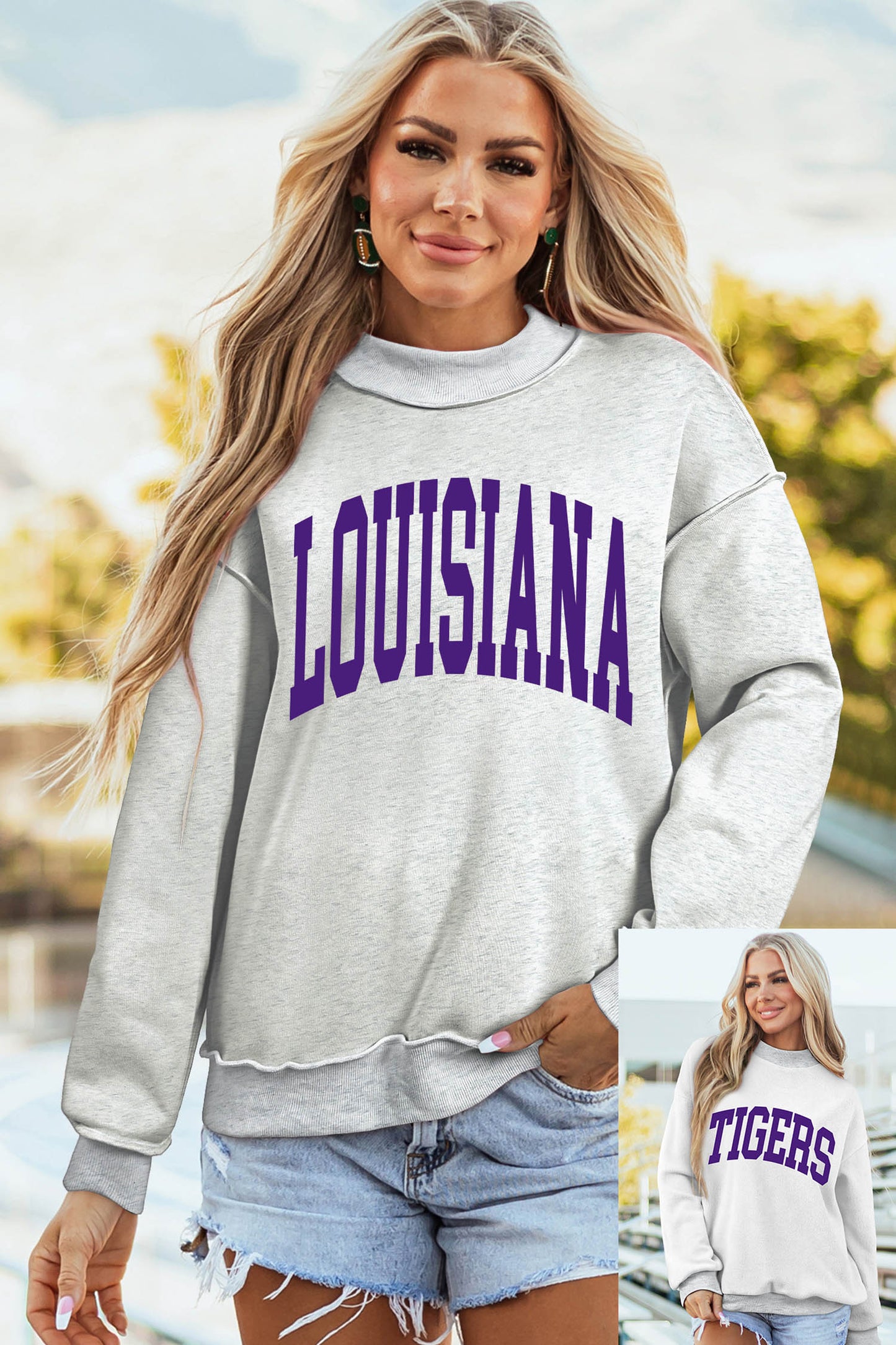 Light Grey LOUISIANA/ TIGERS Double Side Printed High Neck Reversible Sweatshirt-Graphic/Graphic Sweatshirts-[Adult]-[Female]-2022 Online Blue Zone Planet