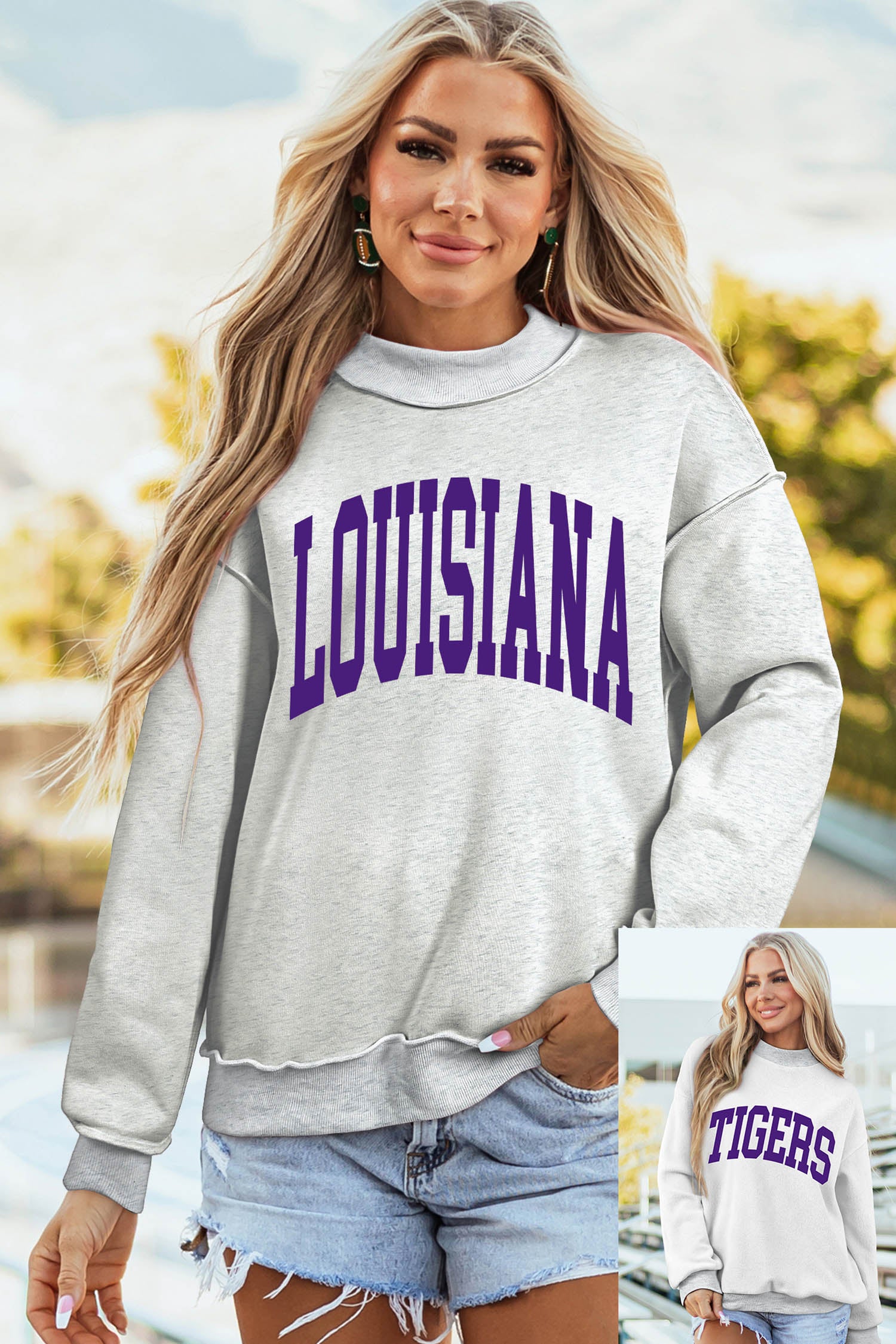 Light Grey LOUISIANA/ TIGERS Double Side Printed High Neck Reversible Sweatshirt-Graphic/Graphic Sweatshirts-[Adult]-[Female]-2022 Online Blue Zone Planet