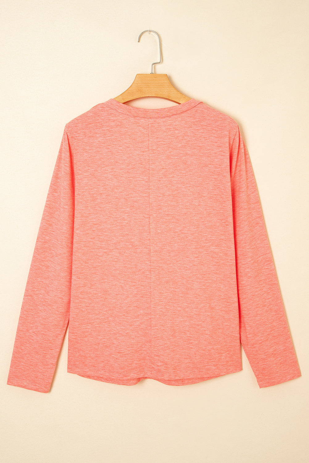Fresh Salmon Floral Patchwork V Neck Long Sleeve T Shirt-Tops/Long Sleeve Tops-[Adult]-[Female]-2022 Online Blue Zone Planet