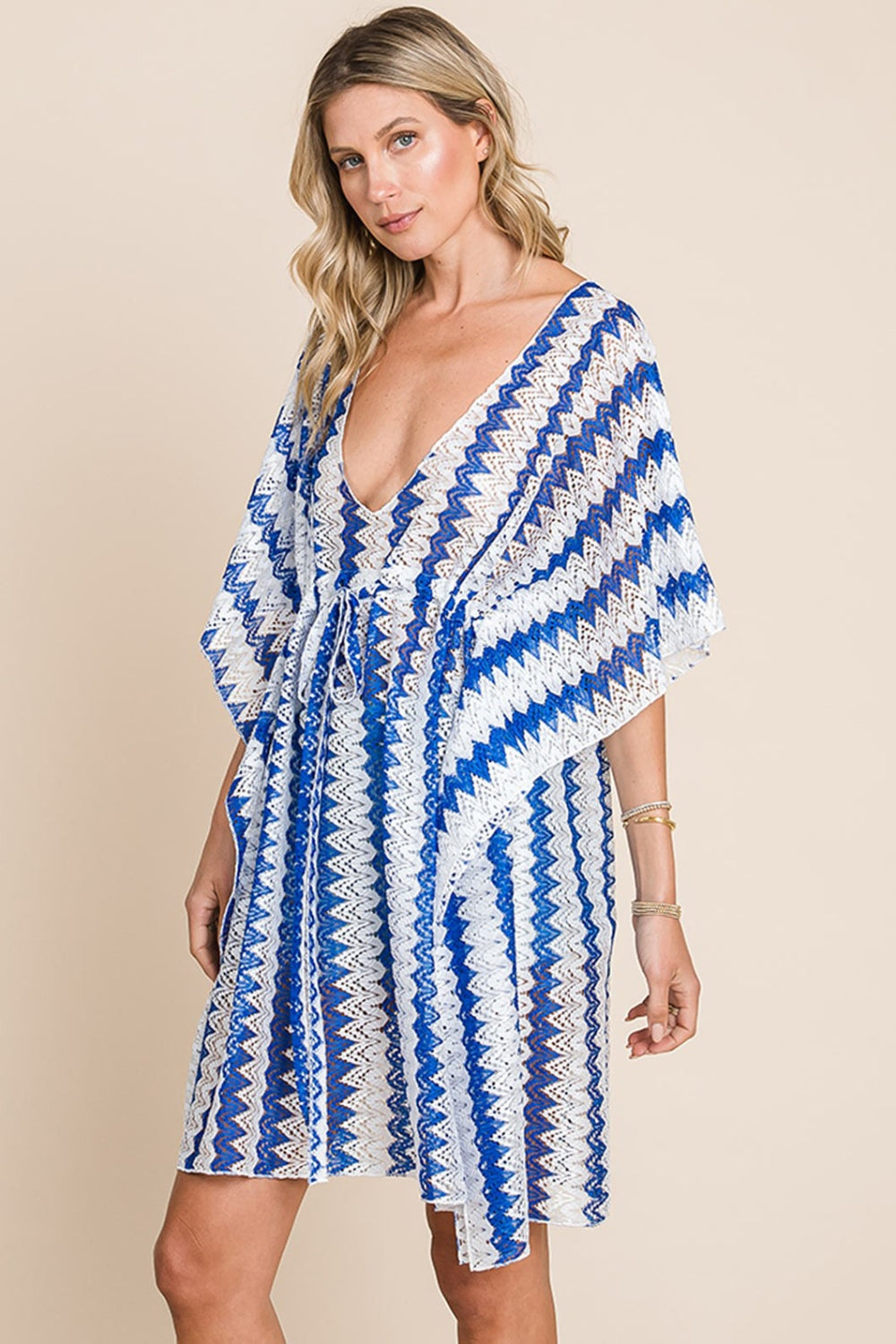 Cotton Bleu by Nu Lab Tied Striped Plunge Half Sleeve Cover-Up-TOPS / DRESSES-[Adult]-[Female]-2022 Online Blue Zone Planet