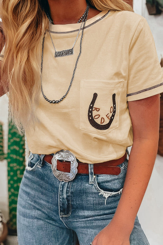 Apricot Rodeo Horseshoe Embroidered Patch Pocket T Shirt-Tops/Tops & Tees-[Adult]-[Female]-2022 Online Blue Zone Planet