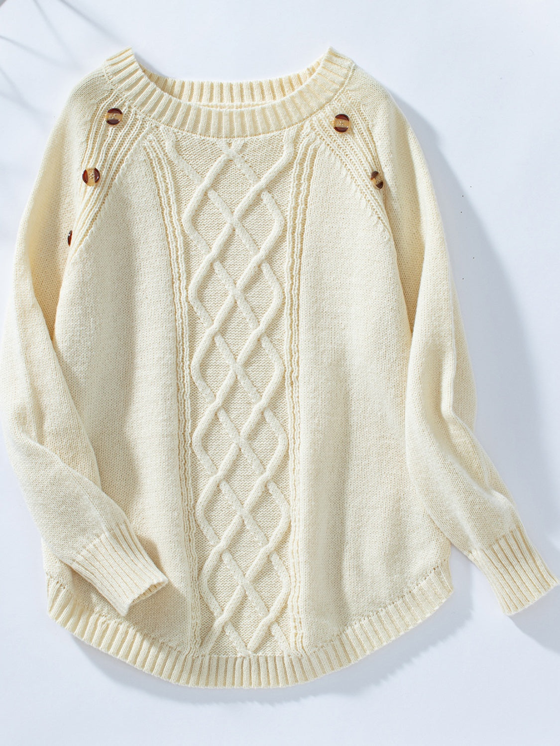 Decorative Button Round Neck Raglan Sleeve Sweater-TOPS / DRESSES-[Adult]-[Female]-Cream-S-2022 Online Blue Zone Planet