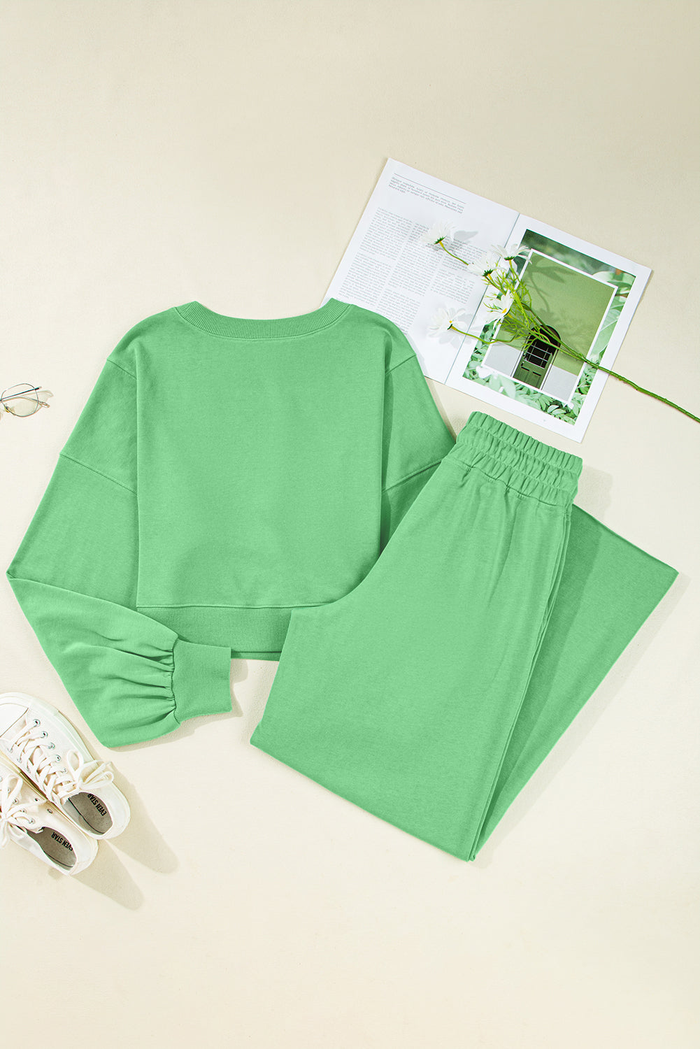 Bright Green Drop Shoulder Puff Sleeve Crop Pullover Drawstring Wide Leg Pants Set-Two Piece Sets/Pant Sets-[Adult]-[Female]-2022 Online Blue Zone Planet