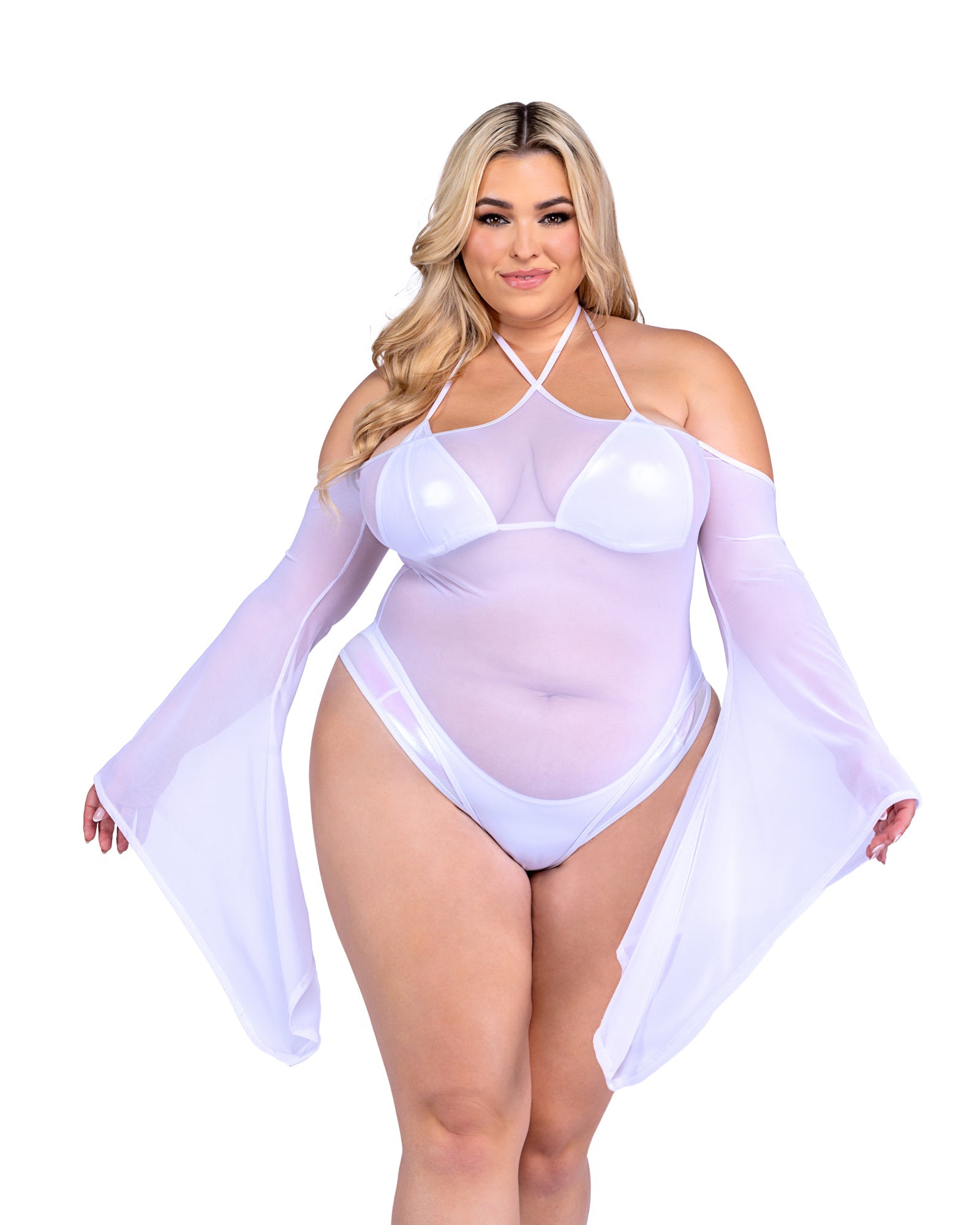 6497 - Sheer Mesh Romper with Bell Sleeves-TOPS / DRESSES-[Adult]-[Female]-X-Large-White-2022 Online Blue Zone Planet