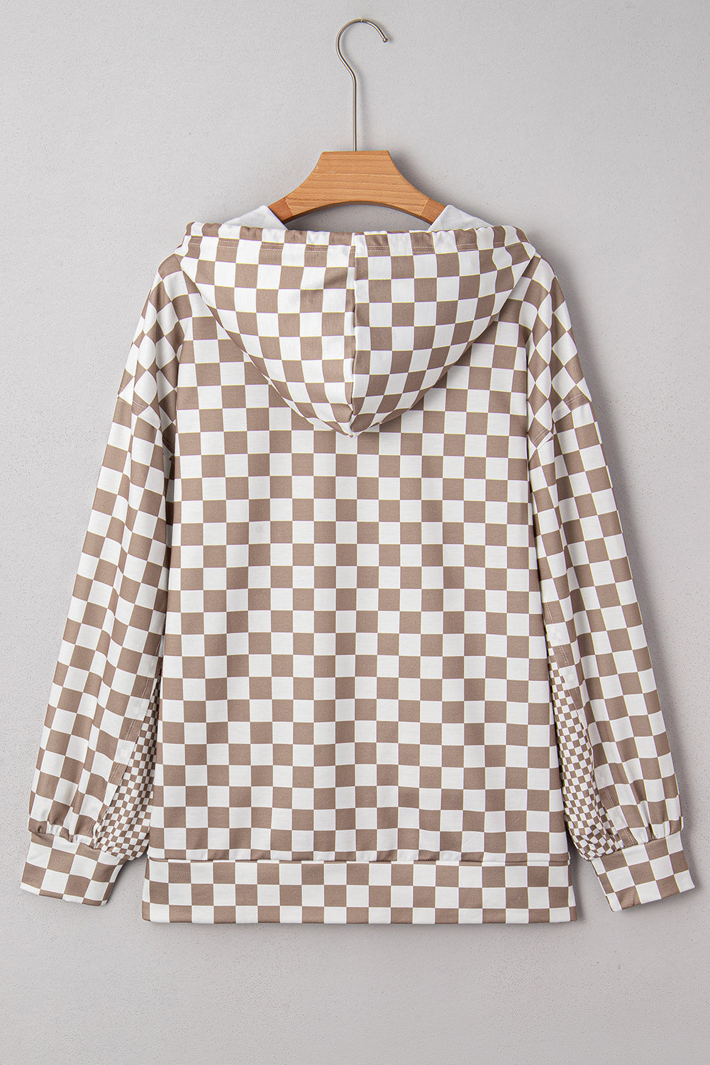 Khaki Double Checkered Patchwork Tie Neck Oversize Hoodie-Tops / Dresses-[Adult]-[Female]-2022 Online Blue Zone Planet