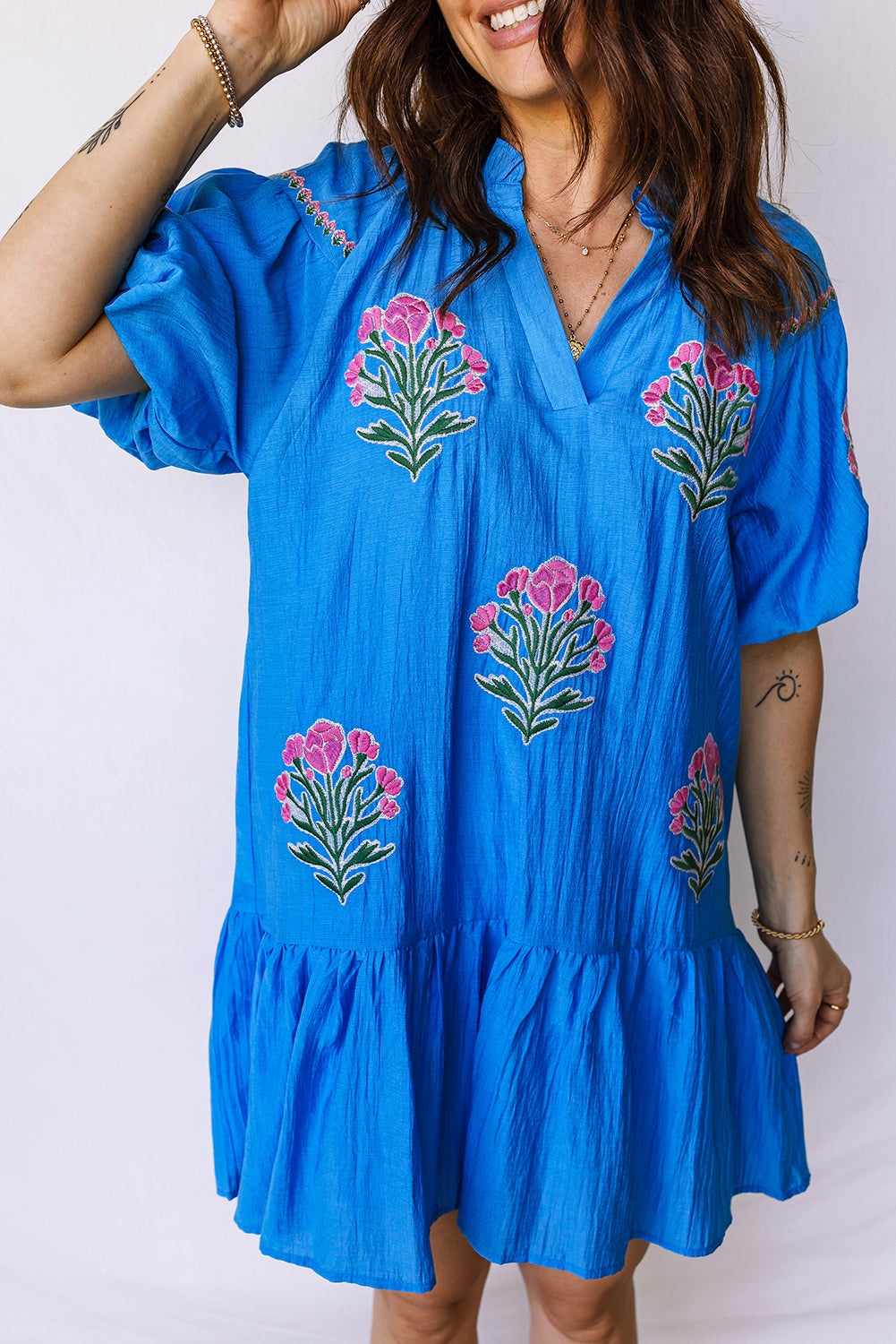 Blue Flower Embroidered Split Neck Short Puff Sleeve Ruffle Hem Dress-TOPS / DRESSES-[Adult]-[Female]-2022 Online Blue Zone Planet