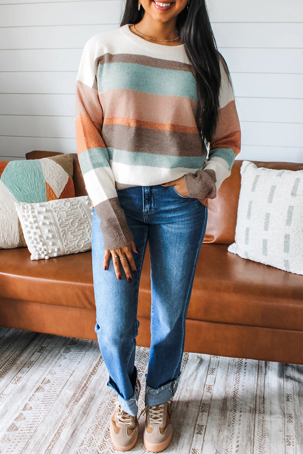 White Striped Color Block Knit Drop Shoulder Sweater-Sweaters & Cardigans/Sweaters-[Adult]-[Female]-2022 Online Blue Zone Planet