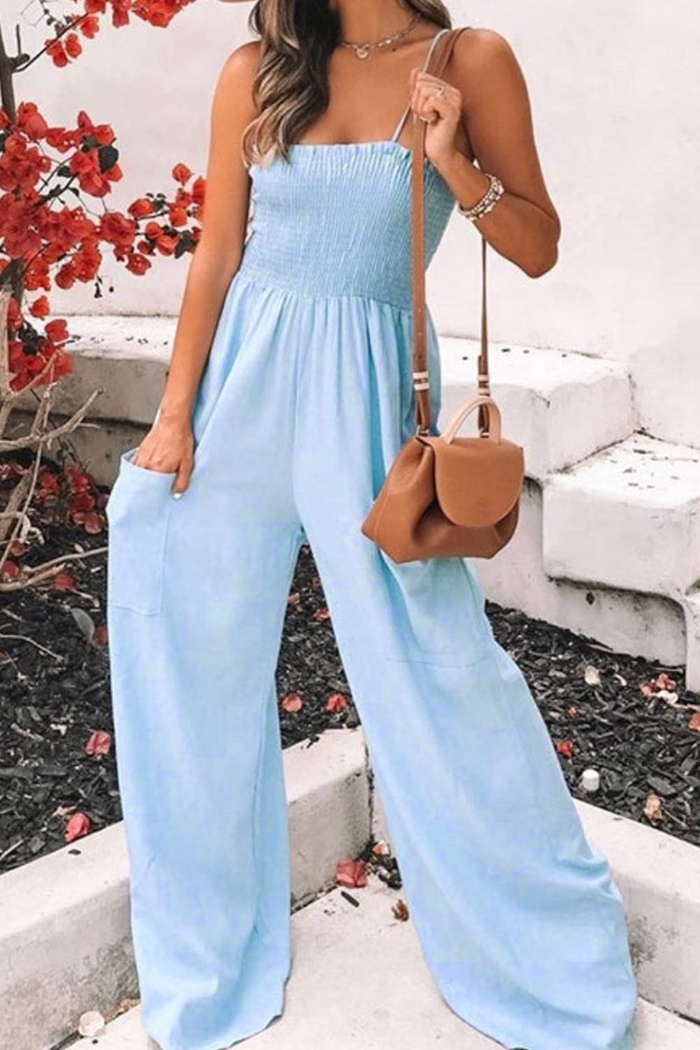 Blue Zone Planet | Smocked Spaghetti Strap Wide Leg Jumpsuit-TOPS / DRESSES-[Adult]-[Female]-Light Blue-S-2022 Online Blue Zone Planet