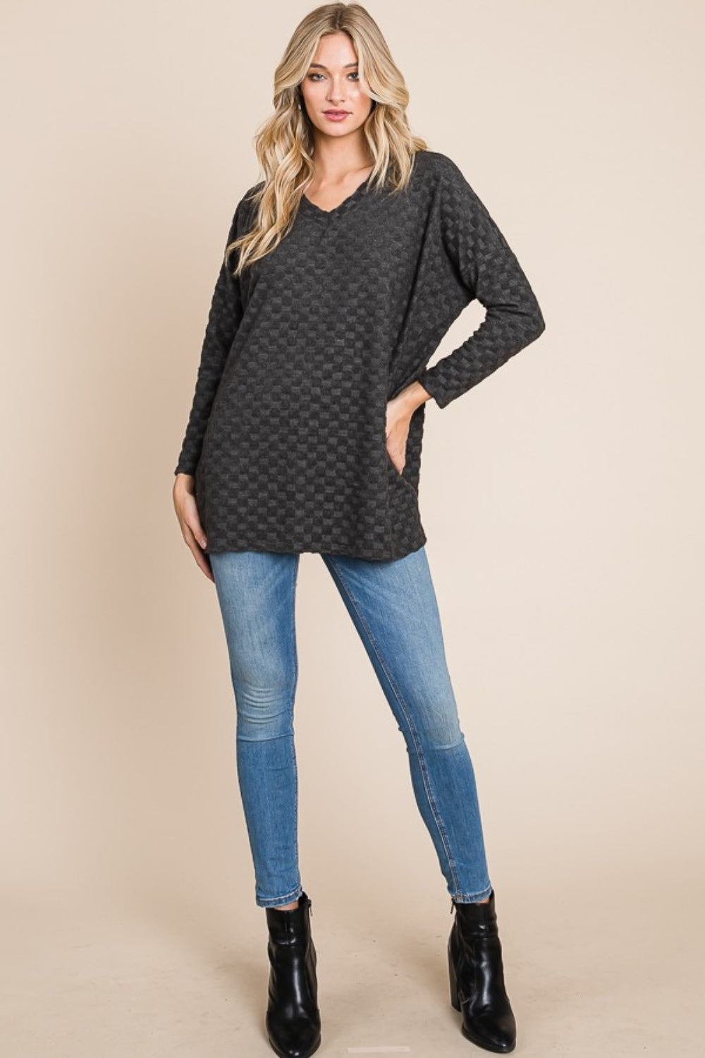 Blue Zone Planet | BOMBOM Checkered Long Sleeve V-Neck T-Shirt-TOPS / DRESSES-[Adult]-[Female]-2022 Online Blue Zone Planet