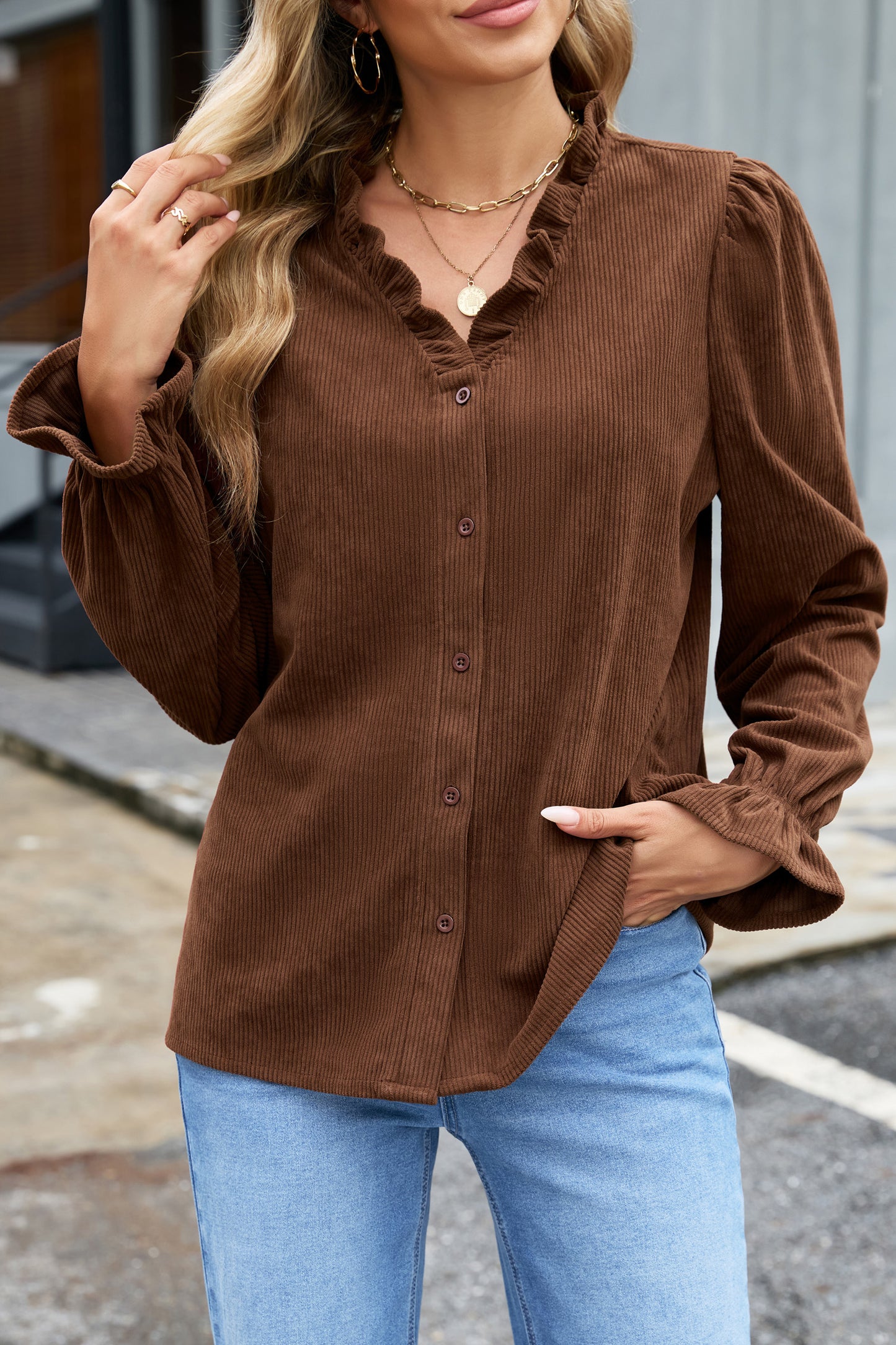 Coffee Solid Color Ruffle Trim V Neck Long Sleeve Button Corduroy Shakcet-Outerwear/Jackets-[Adult]-[Female]-2022 Online Blue Zone Planet